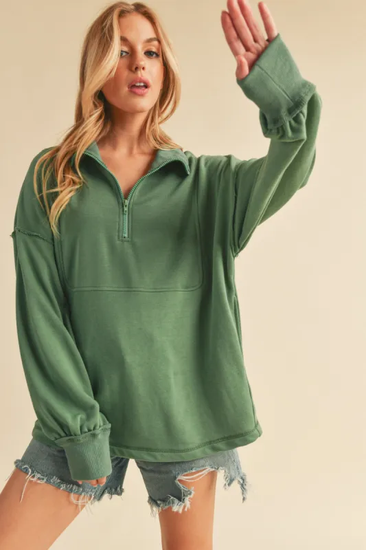 Light Olive Half Zip Pullover Top sold by Pinkblush