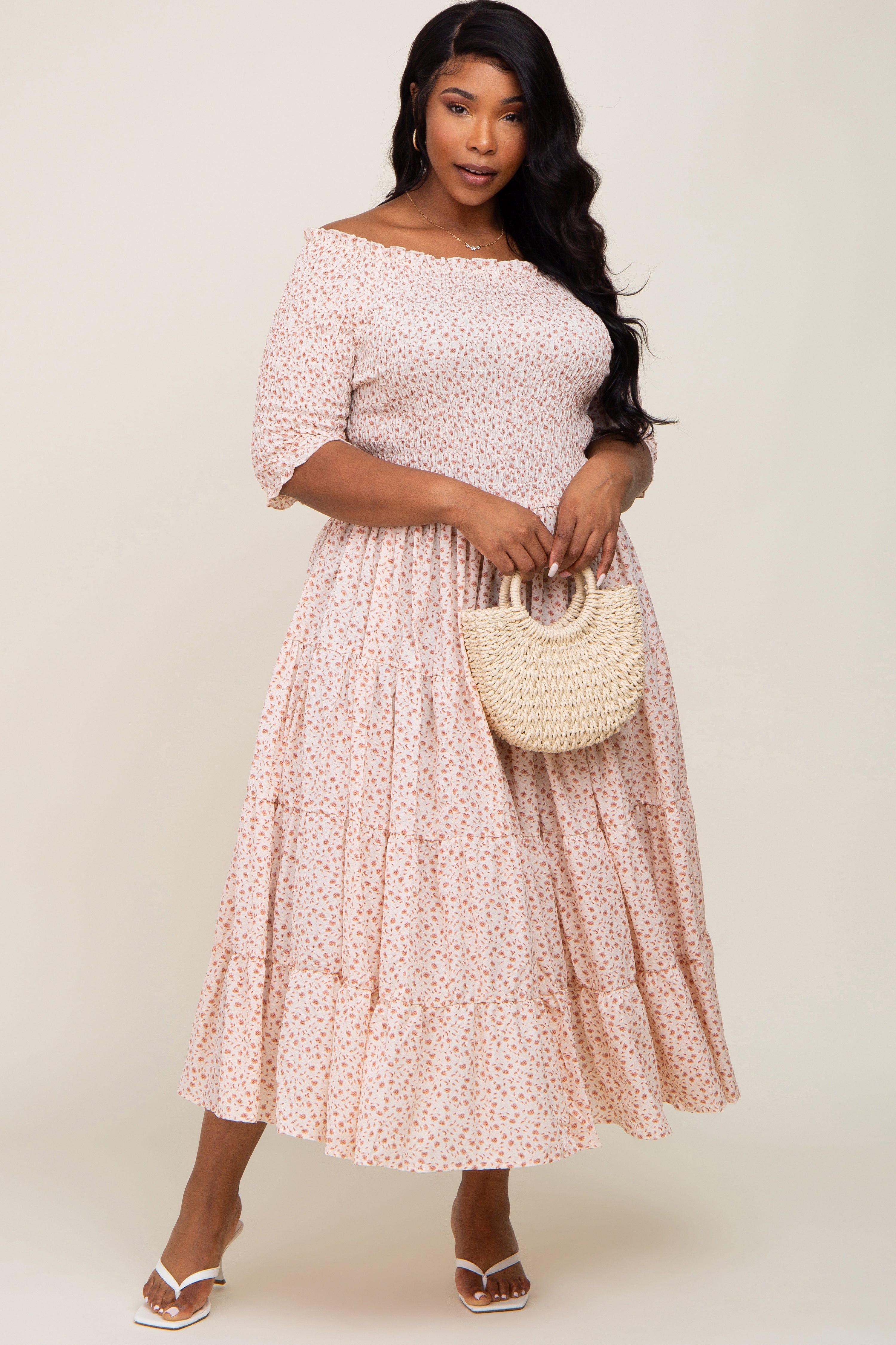 Ivory Ditsy Smocked Tiered Off Shoulder Maternity Plus Midi Dress sold by Pinkblush product image thumbnail 5