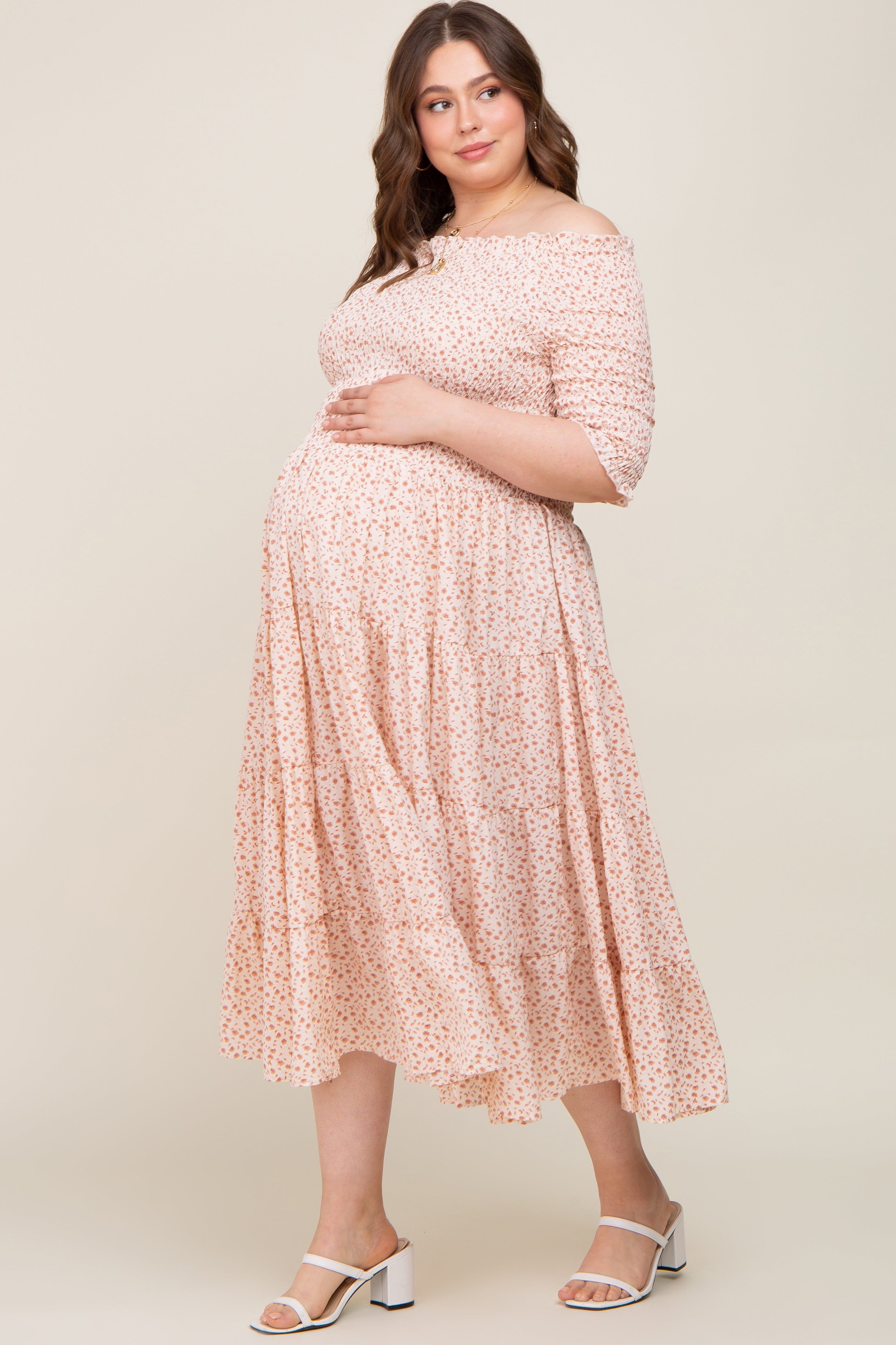 Ivory Ditsy Smocked Tiered Off Shoulder Maternity Plus Midi Dress sold by Pinkblush product image thumbnail 2