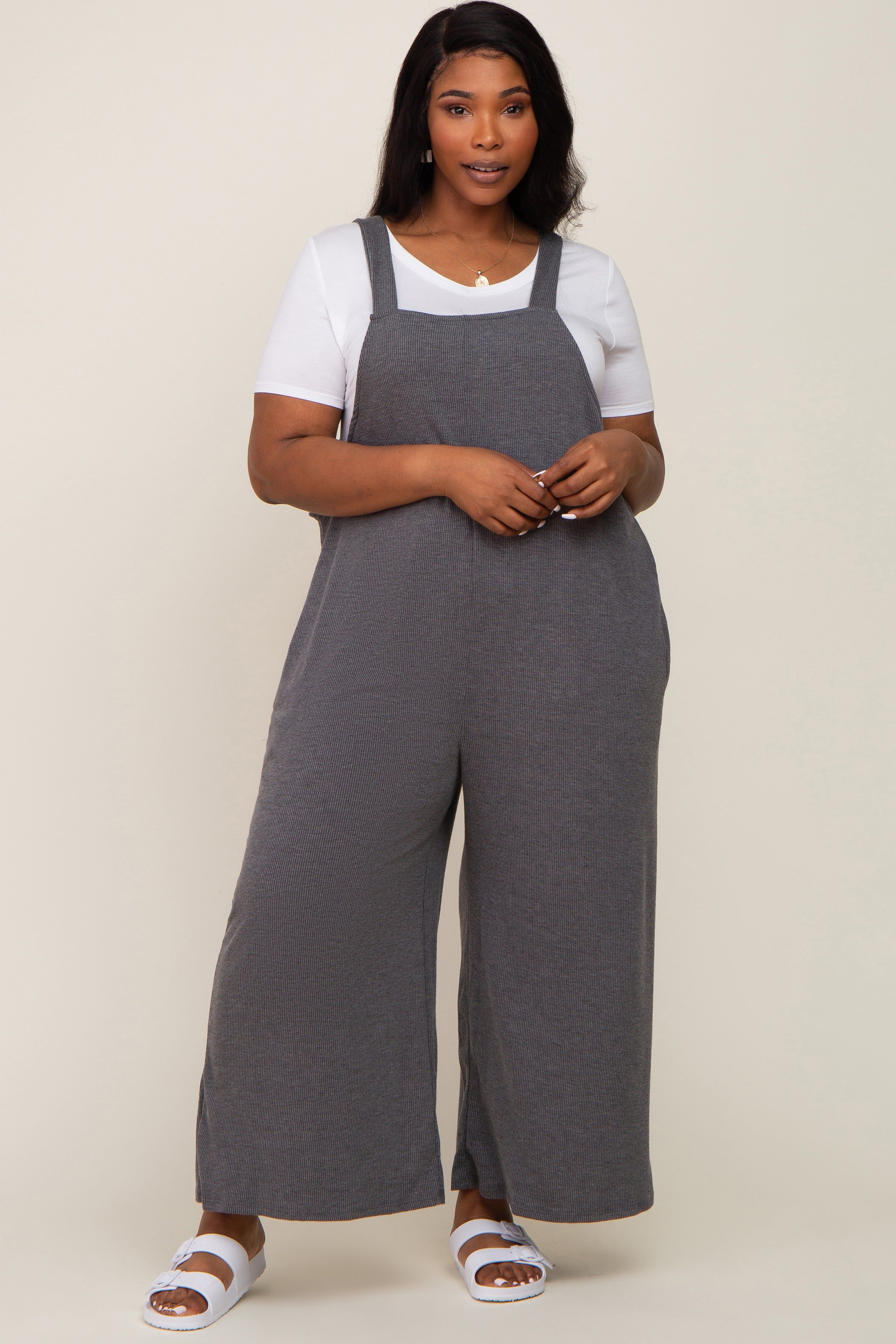 Charcoal Ribbed Plus Wide Leg Jumpsuit sold by Pinkblush