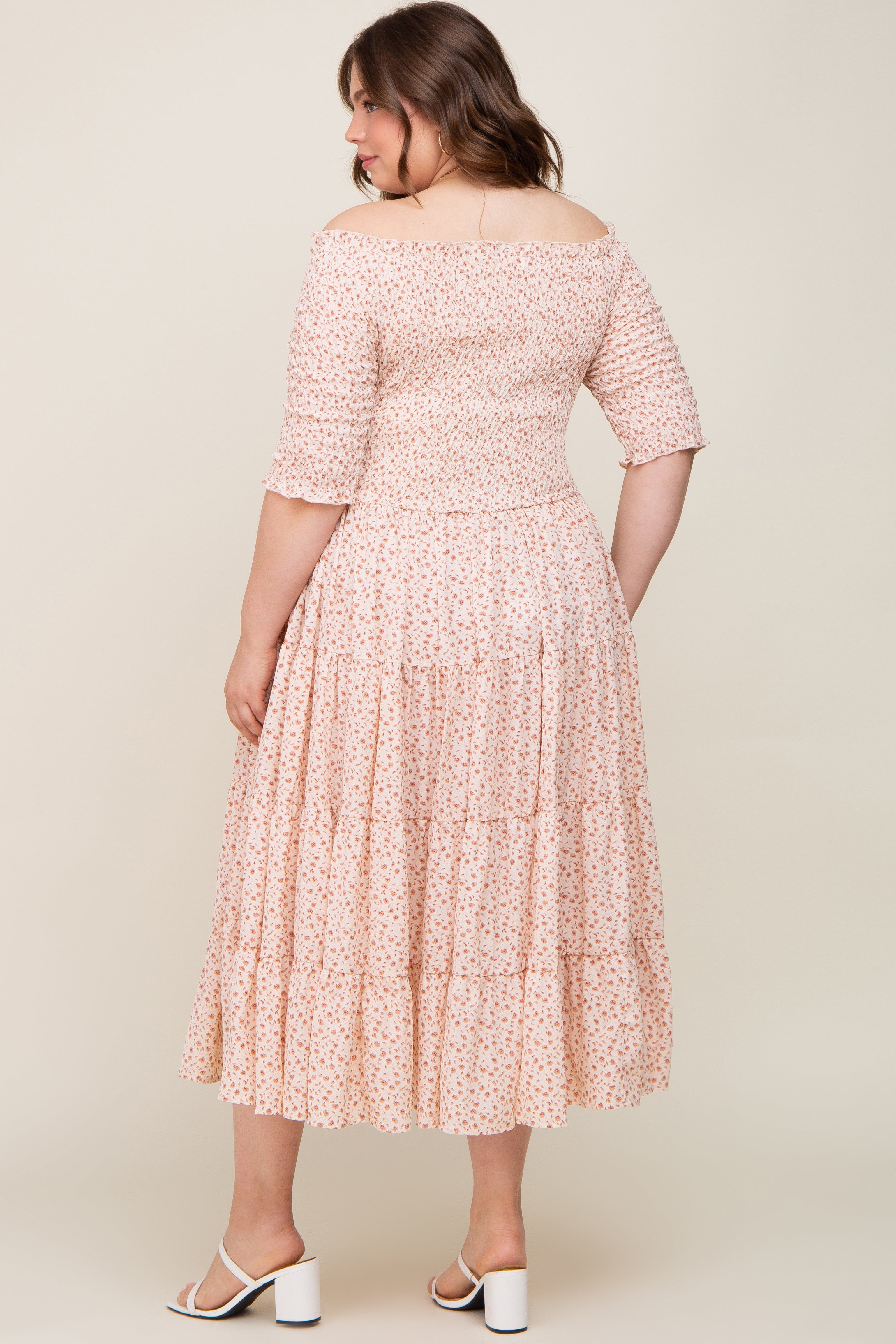 Ivory Ditsy Smocked Tiered Off Shoulder Maternity Plus Midi Dress sold by Pinkblush product image thumbnail 3