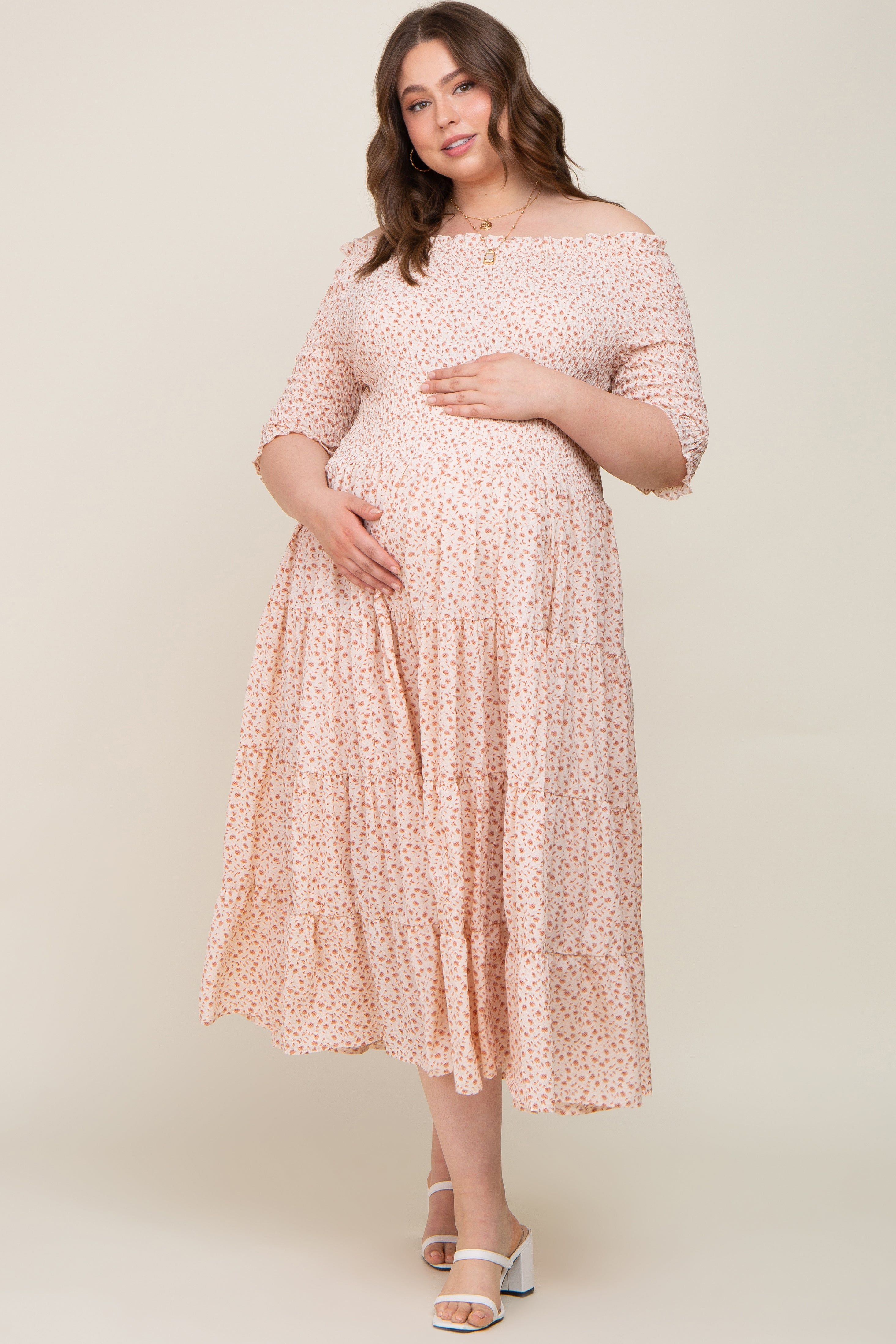 Ivory Ditsy Smocked Tiered Off Shoulder Maternity Plus Midi Dress sold by Pinkblush product image thumbnail 4