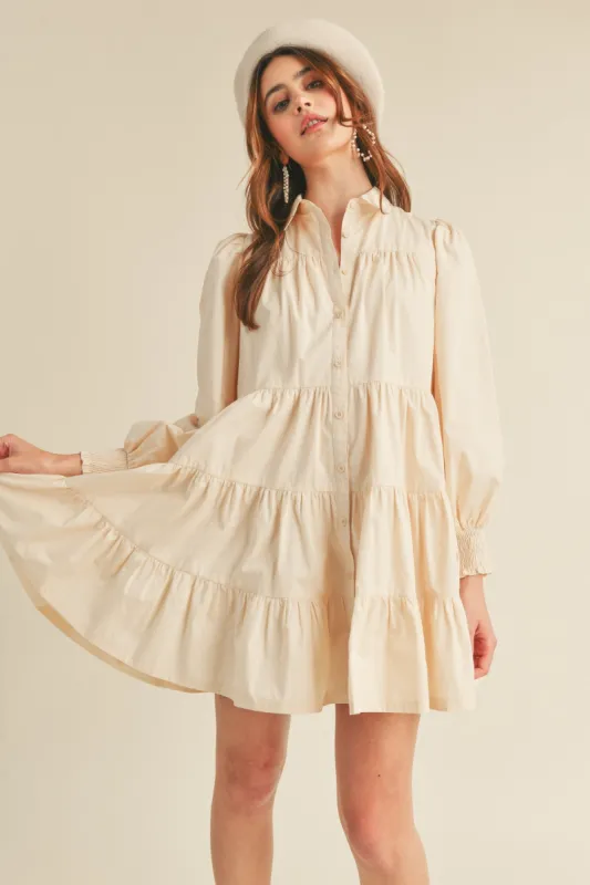 Oat Tiered Button Down Mini Dress sold by Pinkblush