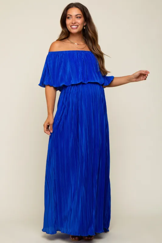 Royal Blue Pleated Plisse Ruffle Off-Shoulder Maternity Maxi Dress sold by Pinkblush