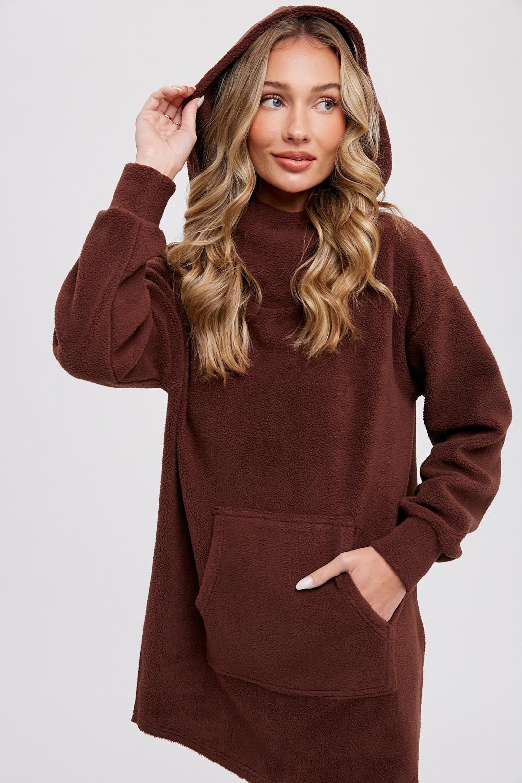 Brown Fleece Hooded Long Sweater sold by Pinkblush product image thumbnail 4