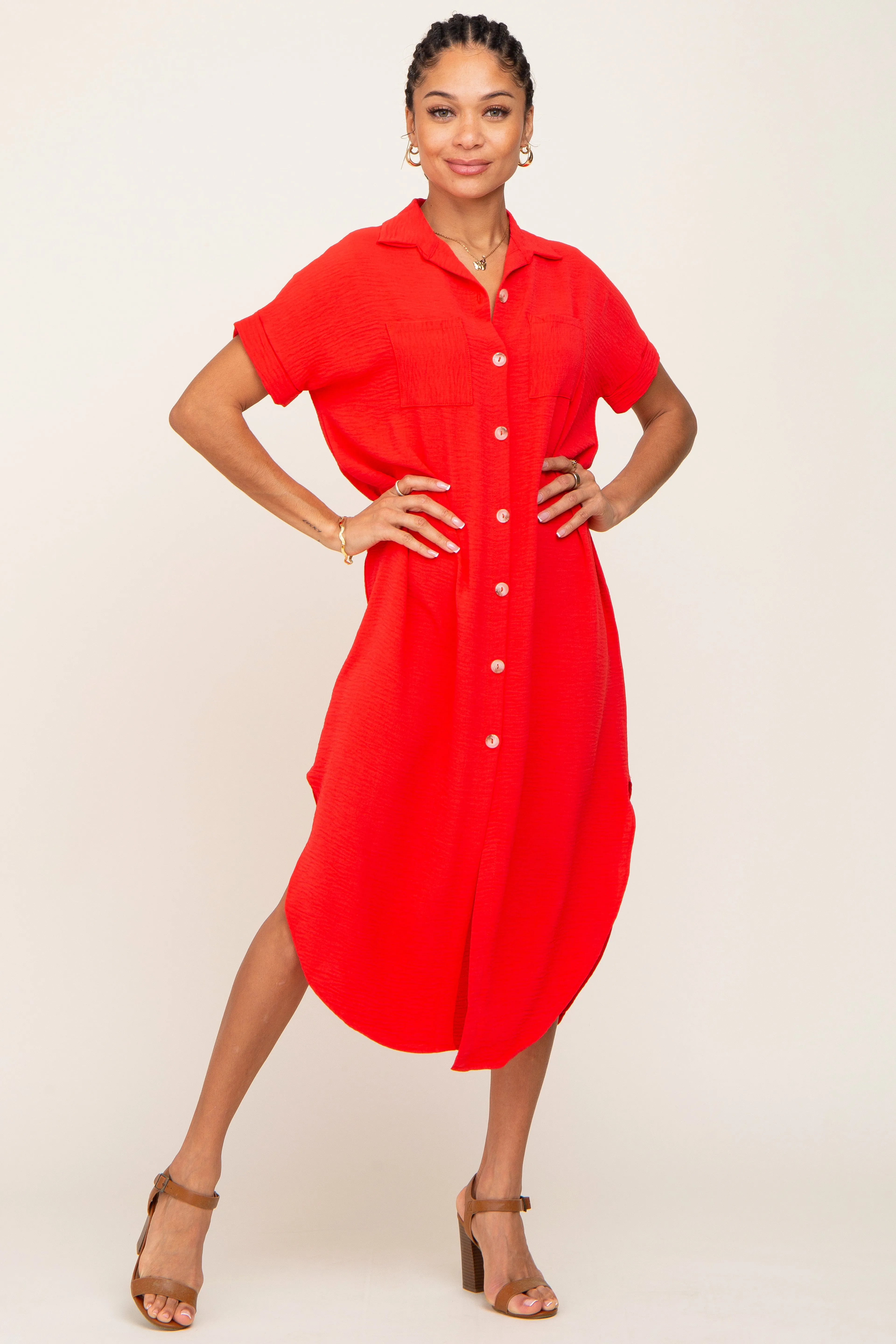 Red Button Down Hi Low Maternity Maxi Dress sold by Pinkblush product image thumbnail 5