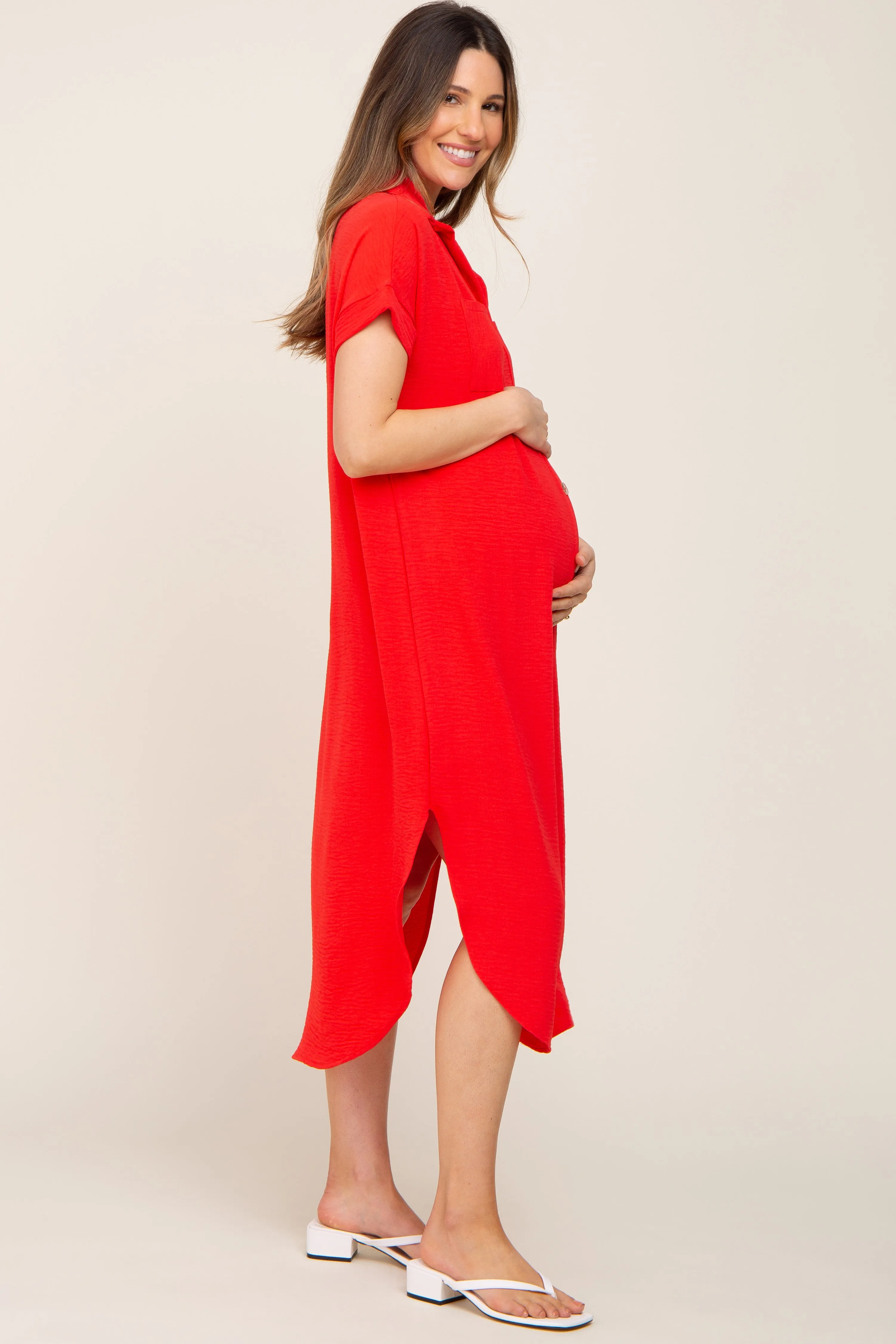 Red Button Down Hi Low Maternity Maxi Dress sold by Pinkblush product image thumbnail 2