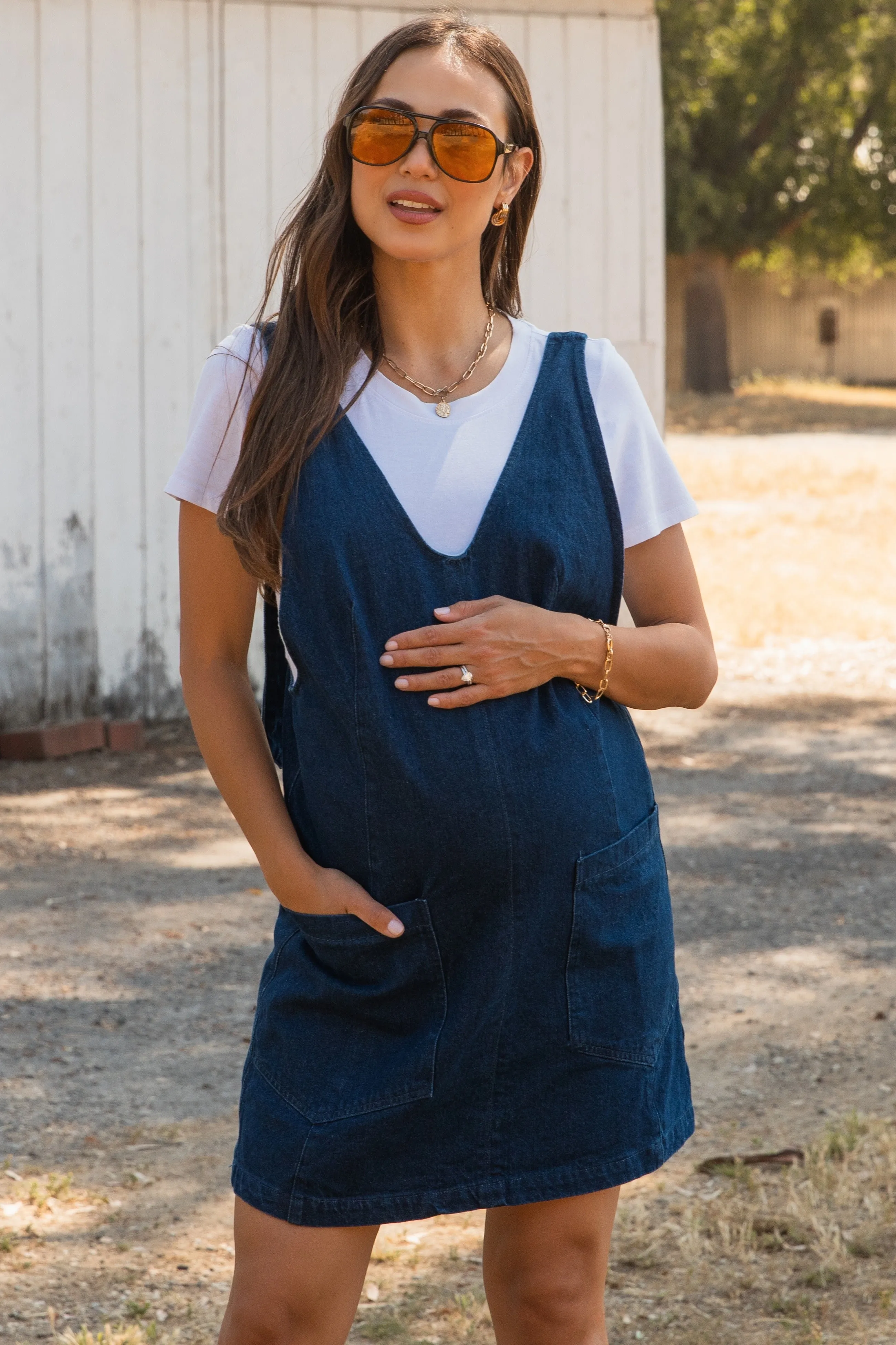 Charcoal Denim Front Pocket Maternity Skirt Overalls sold by Pinkblush