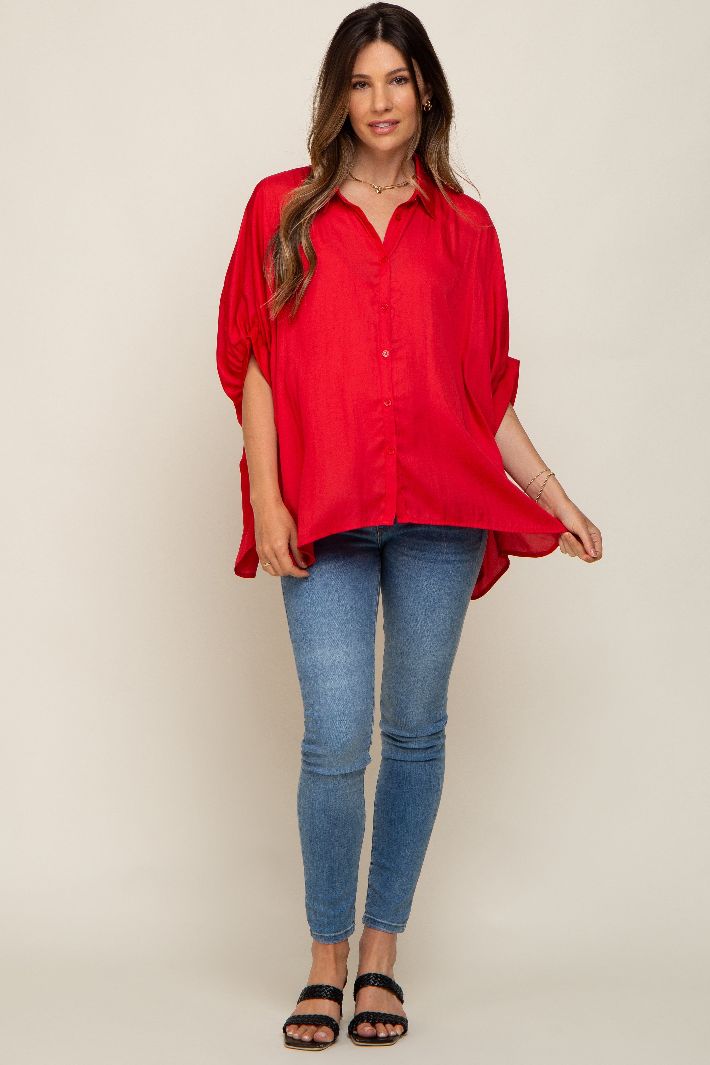 Red Oversized Button Down Maternity Blouse sold by Pinkblush product image thumbnail 4