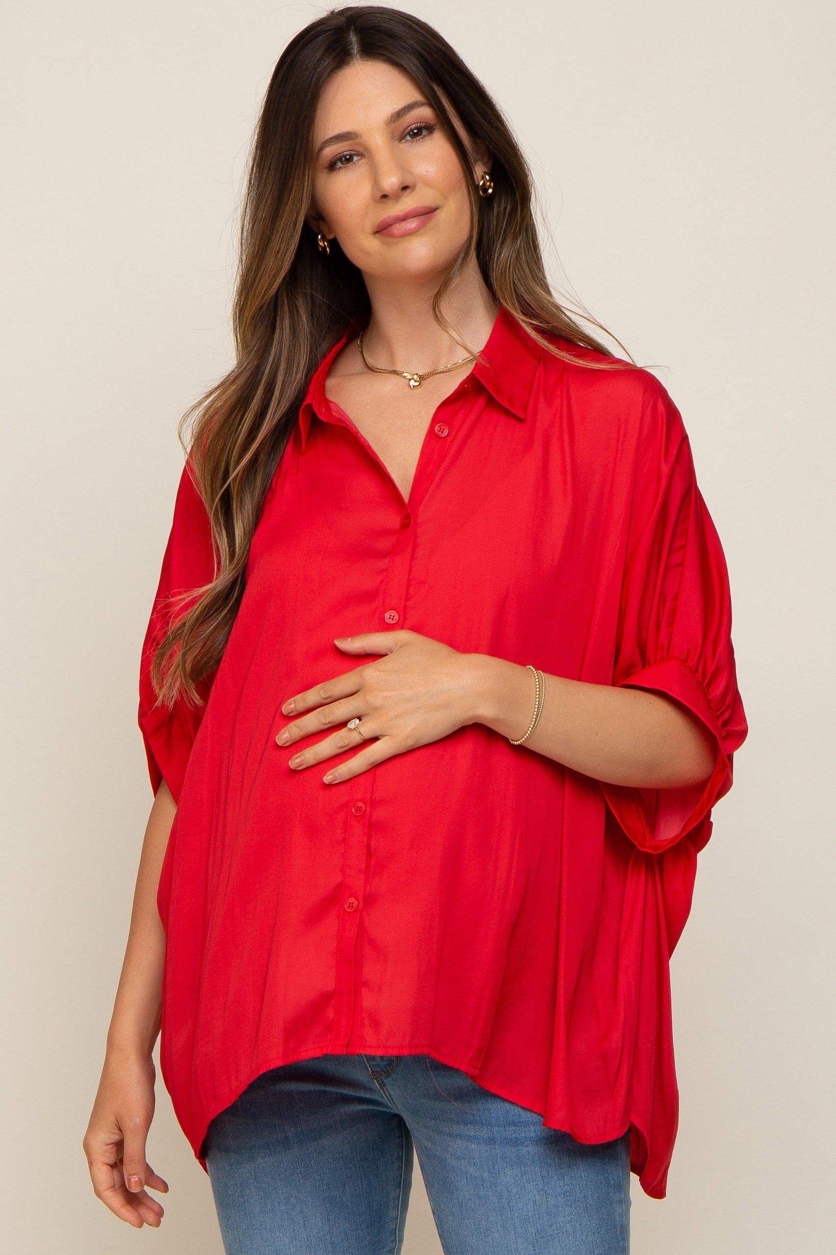 Red Oversized Button Down Maternity Blouse sold by Pinkblush