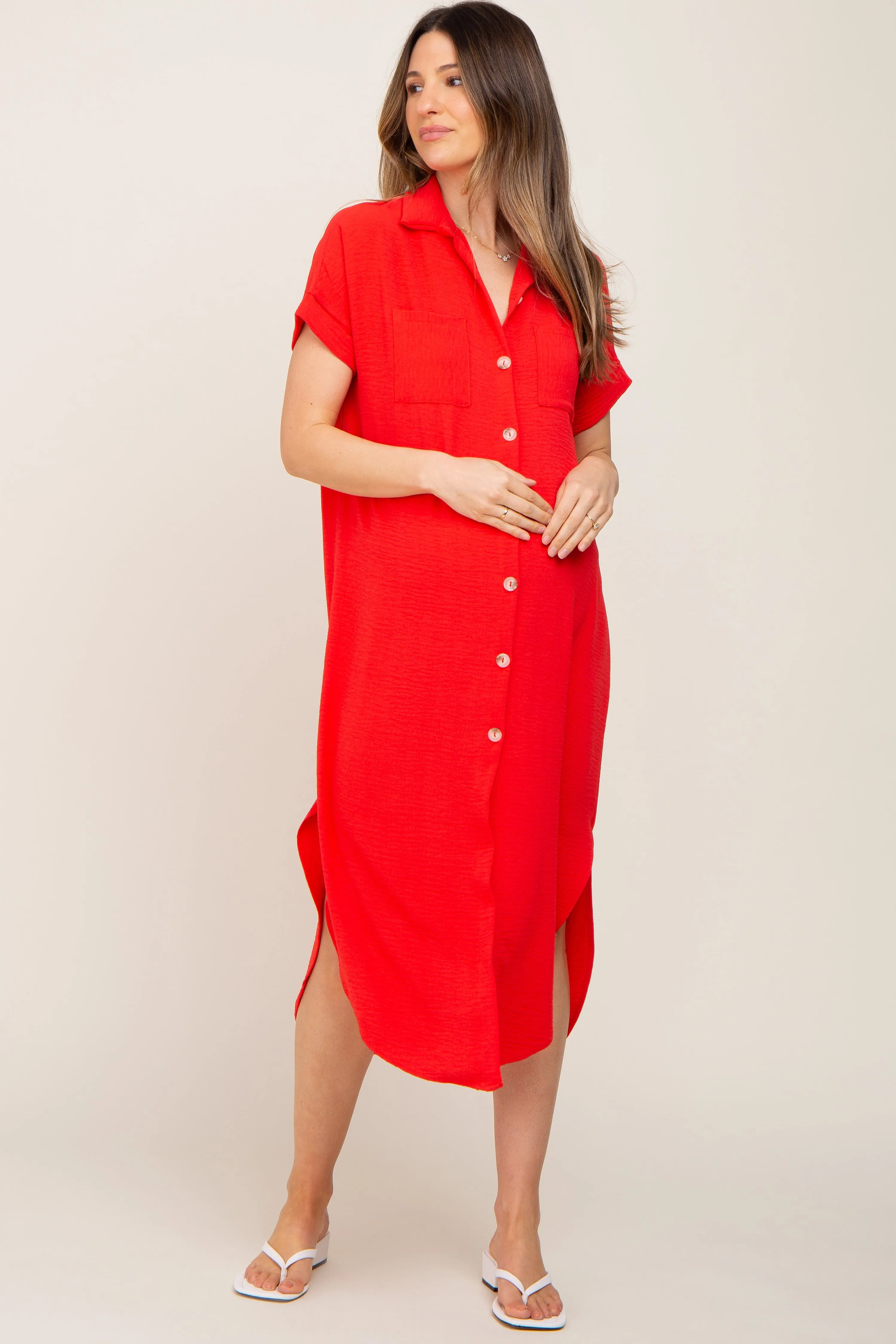 Red Button Down Hi Low Maternity Maxi Dress sold by Pinkblush product image thumbnail 4