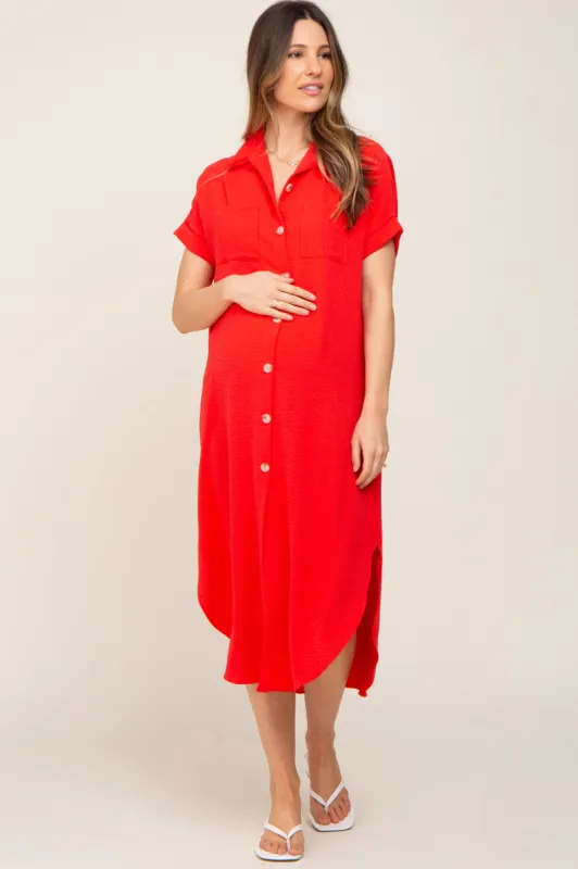 Red Button Down Hi Low Maternity Maxi Dress sold by Pinkblush