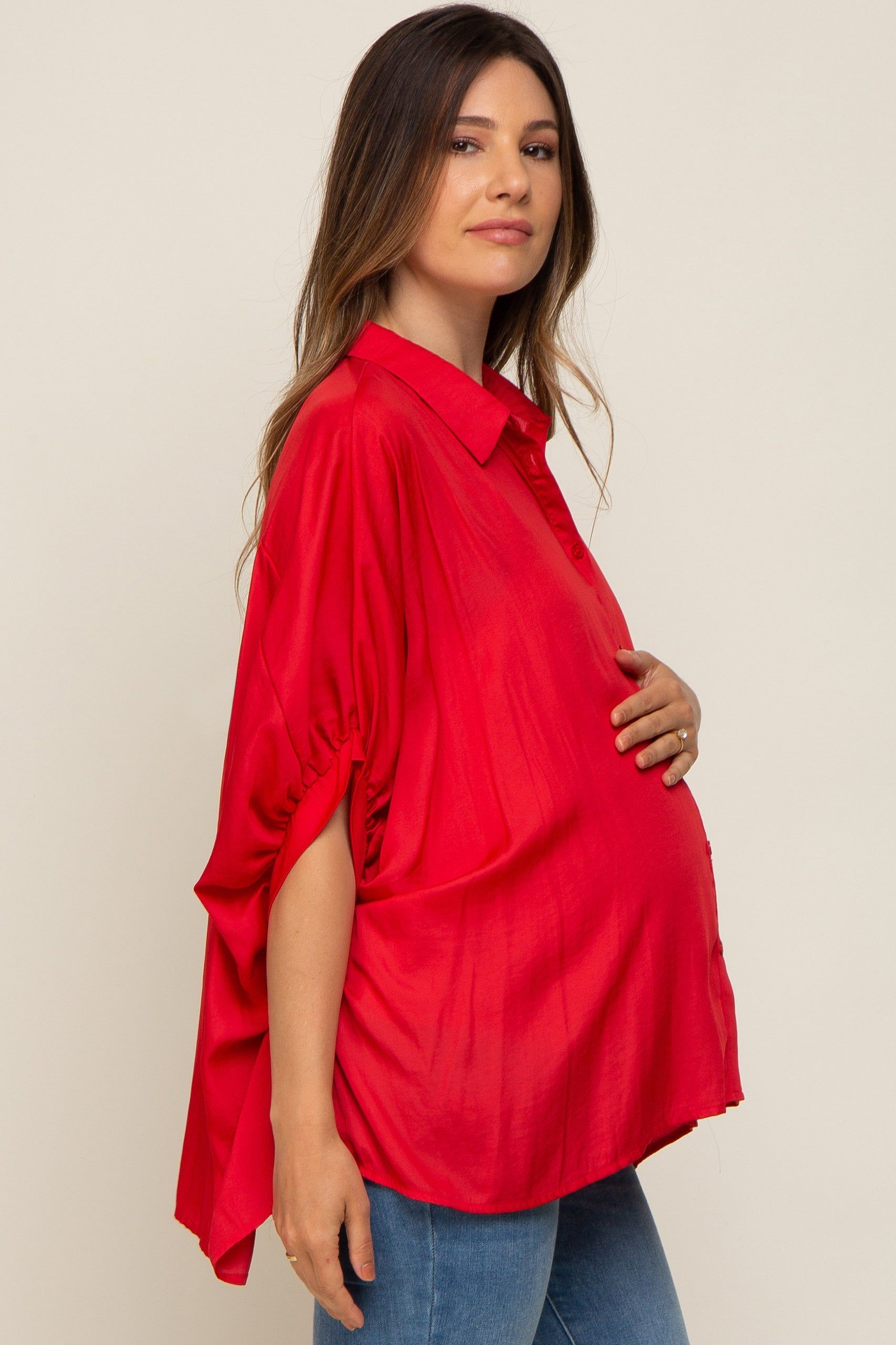 Red Oversized Button Down Maternity Blouse sold by Pinkblush product image thumbnail 2