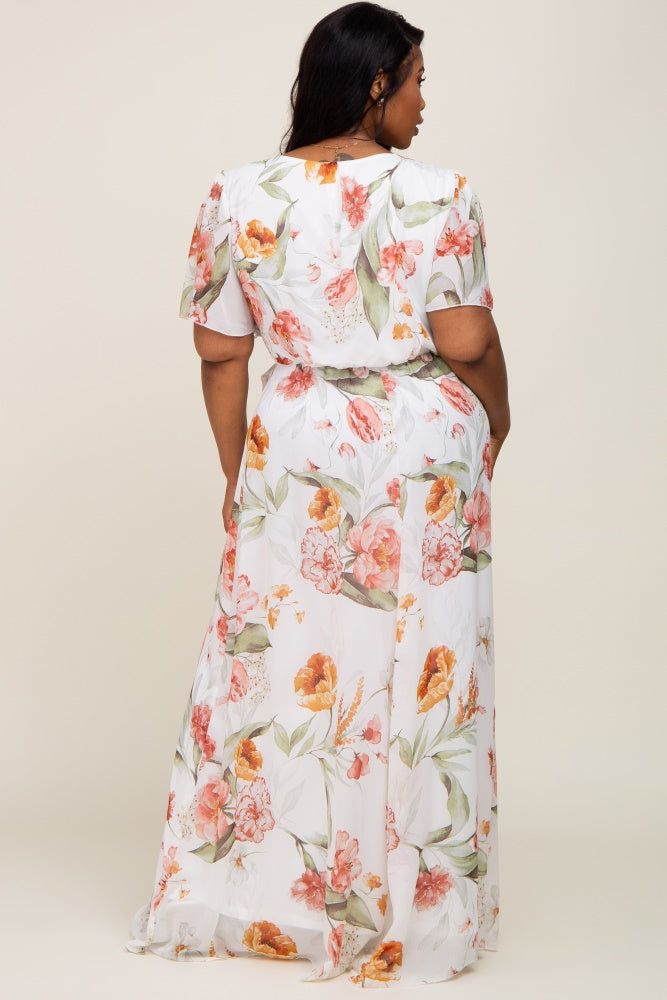 White Floral Chiffon Wrap Front Short Sleeve Plus Maxi Dress sold by Pinkblush product image thumbnail 3