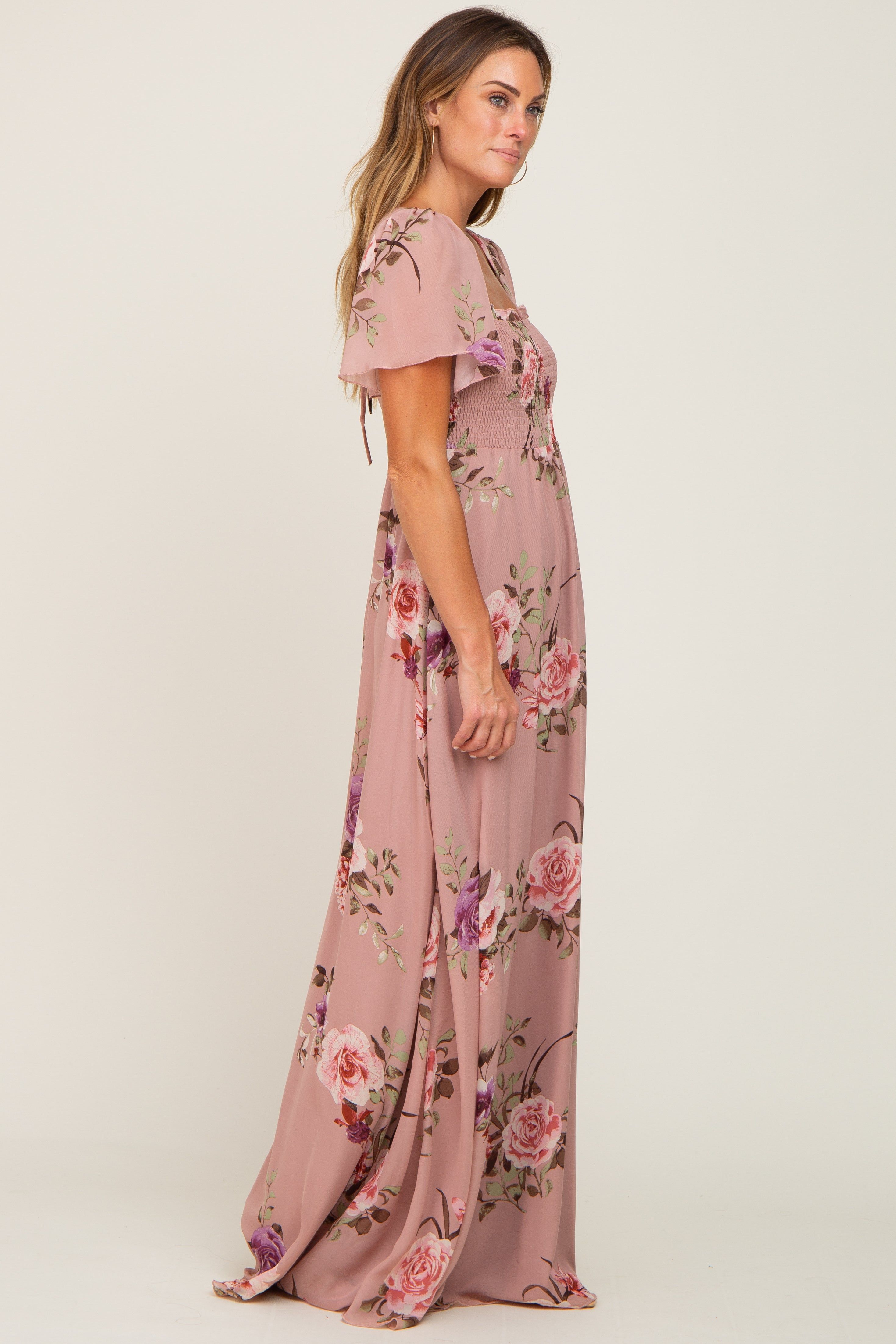 Mauve Floral Chiffon Smocked Maxi Dress sold by Pinkblush product image thumbnail 2