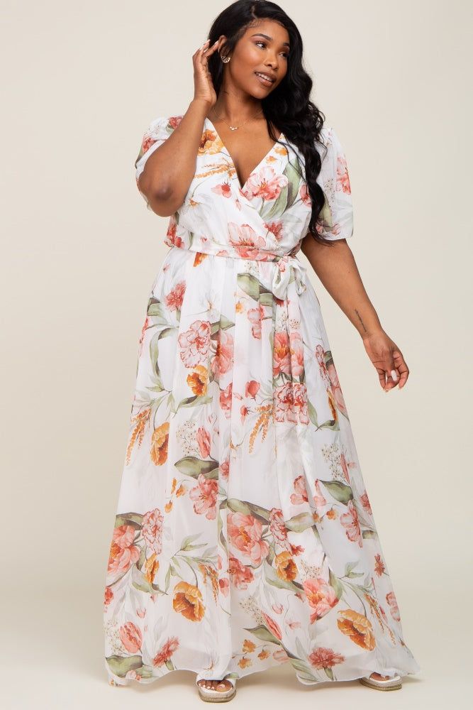 White Floral Chiffon Wrap Front Short Sleeve Plus Maxi Dress sold by Pinkblush product image thumbnail 4