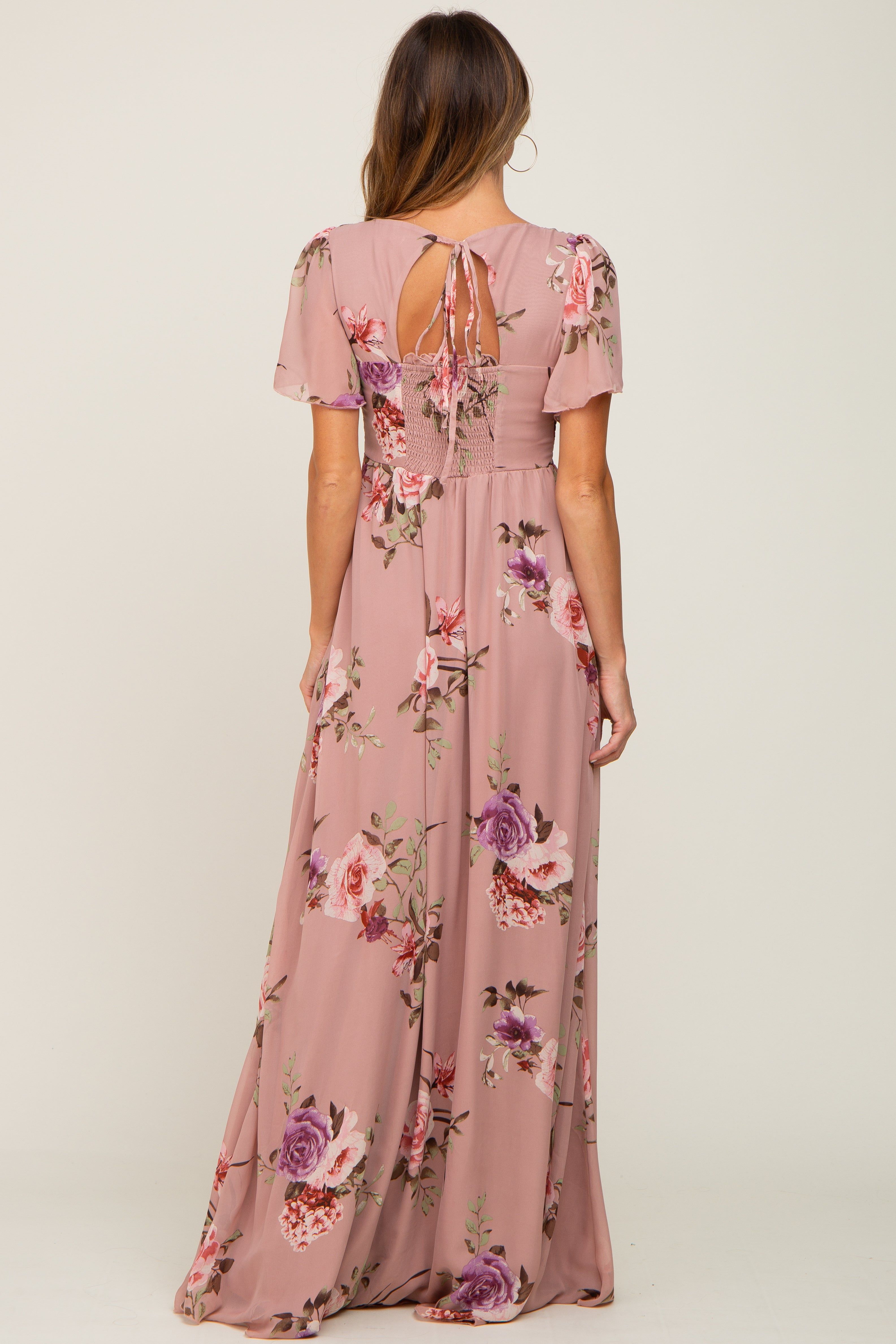 Mauve Floral Chiffon Smocked Maxi Dress sold by Pinkblush product image thumbnail 3