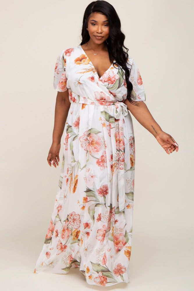 White Floral Chiffon Wrap Front Short Sleeve Plus Maxi Dress sold by Pinkblush