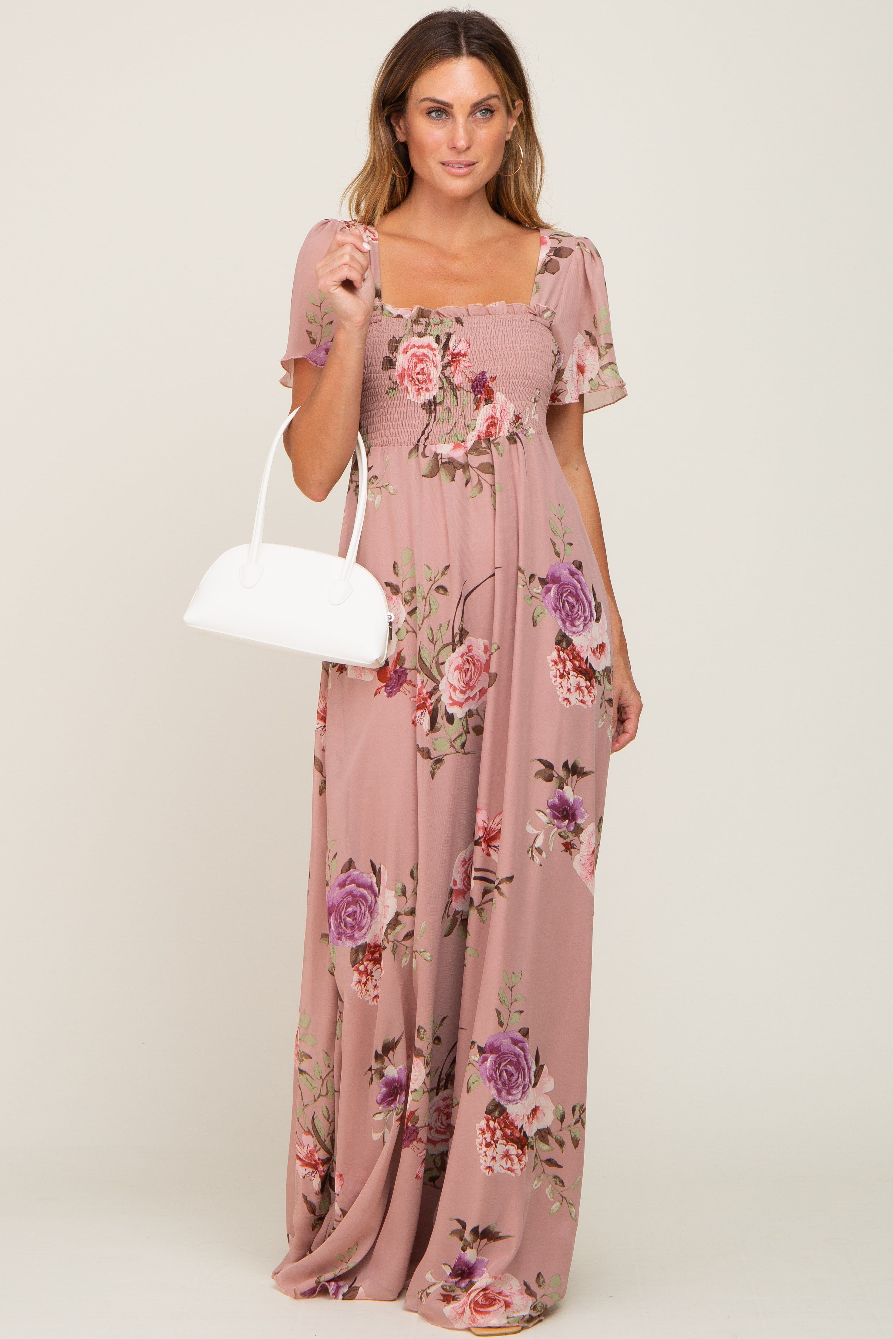 Mauve Floral Chiffon Smocked Maxi Dress sold by Pinkblush product image thumbnail 4