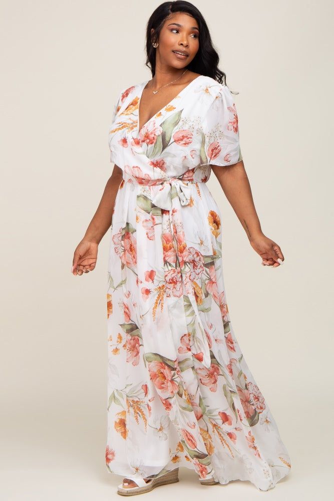 White Floral Chiffon Wrap Front Short Sleeve Plus Maxi Dress sold by Pinkblush product image thumbnail 2