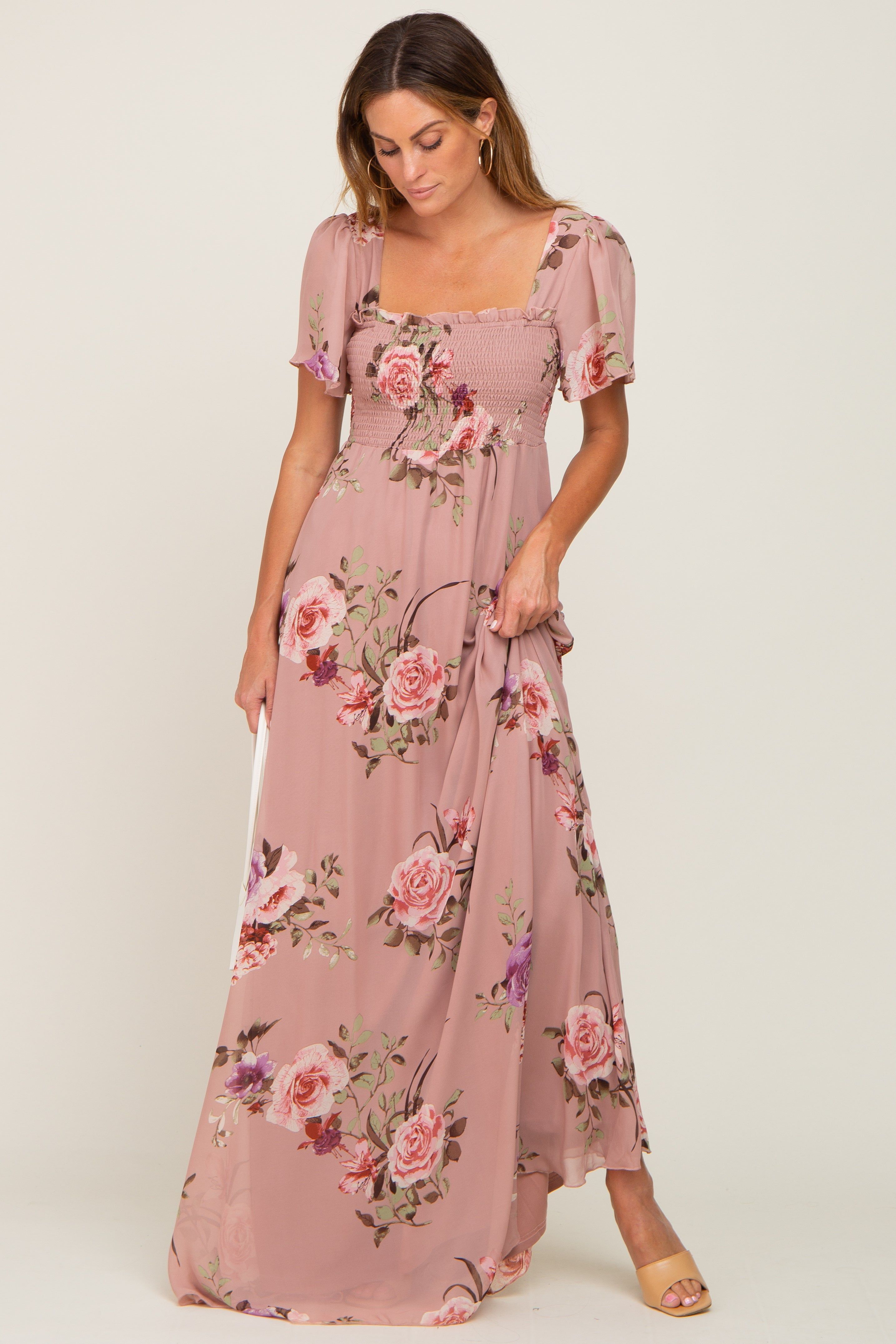 Mauve Floral Chiffon Smocked Maxi Dress sold by Pinkblush