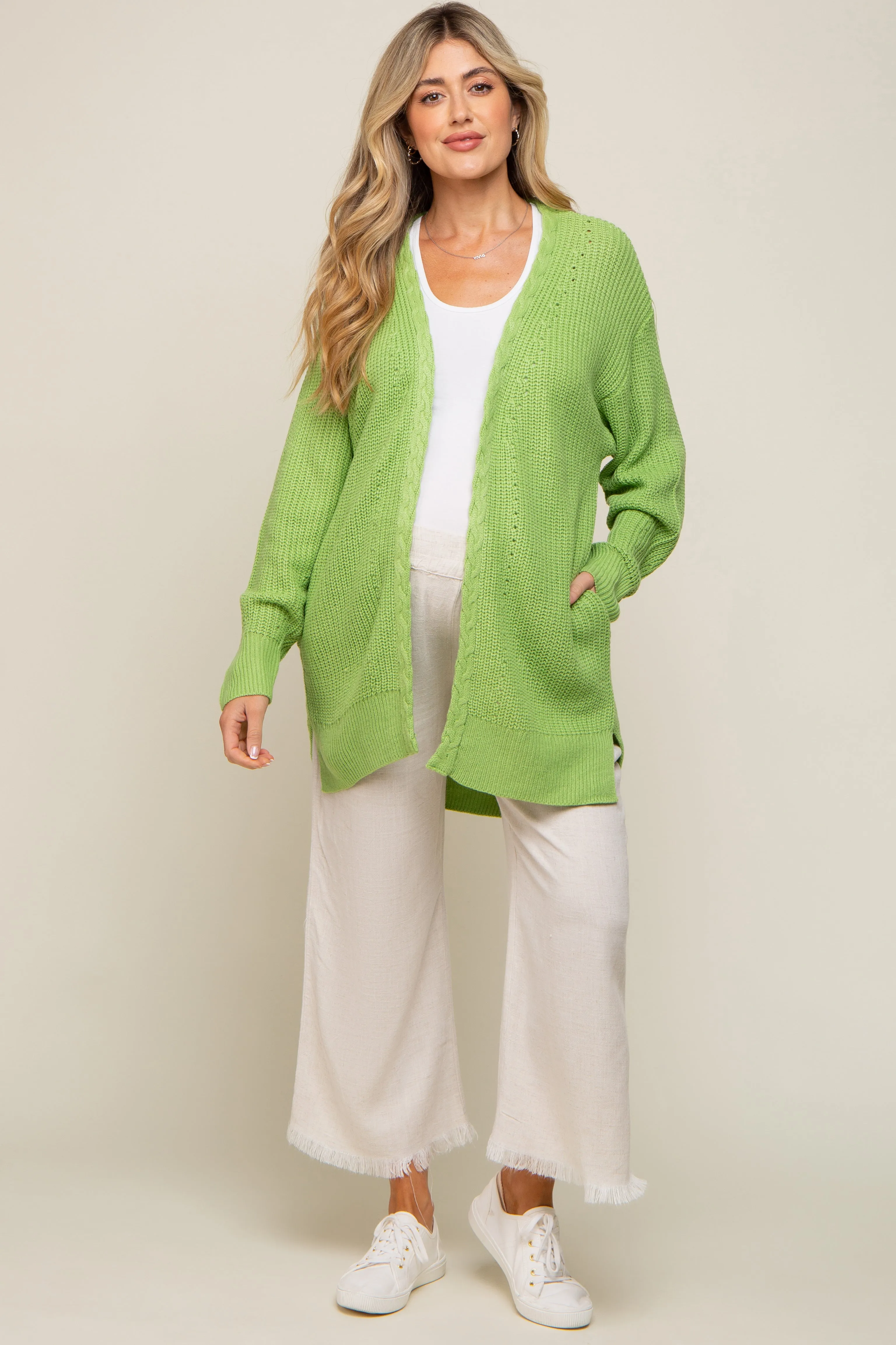 Lime Green Cable Knit Accent Maternity Cardigan sold by Pinkblush