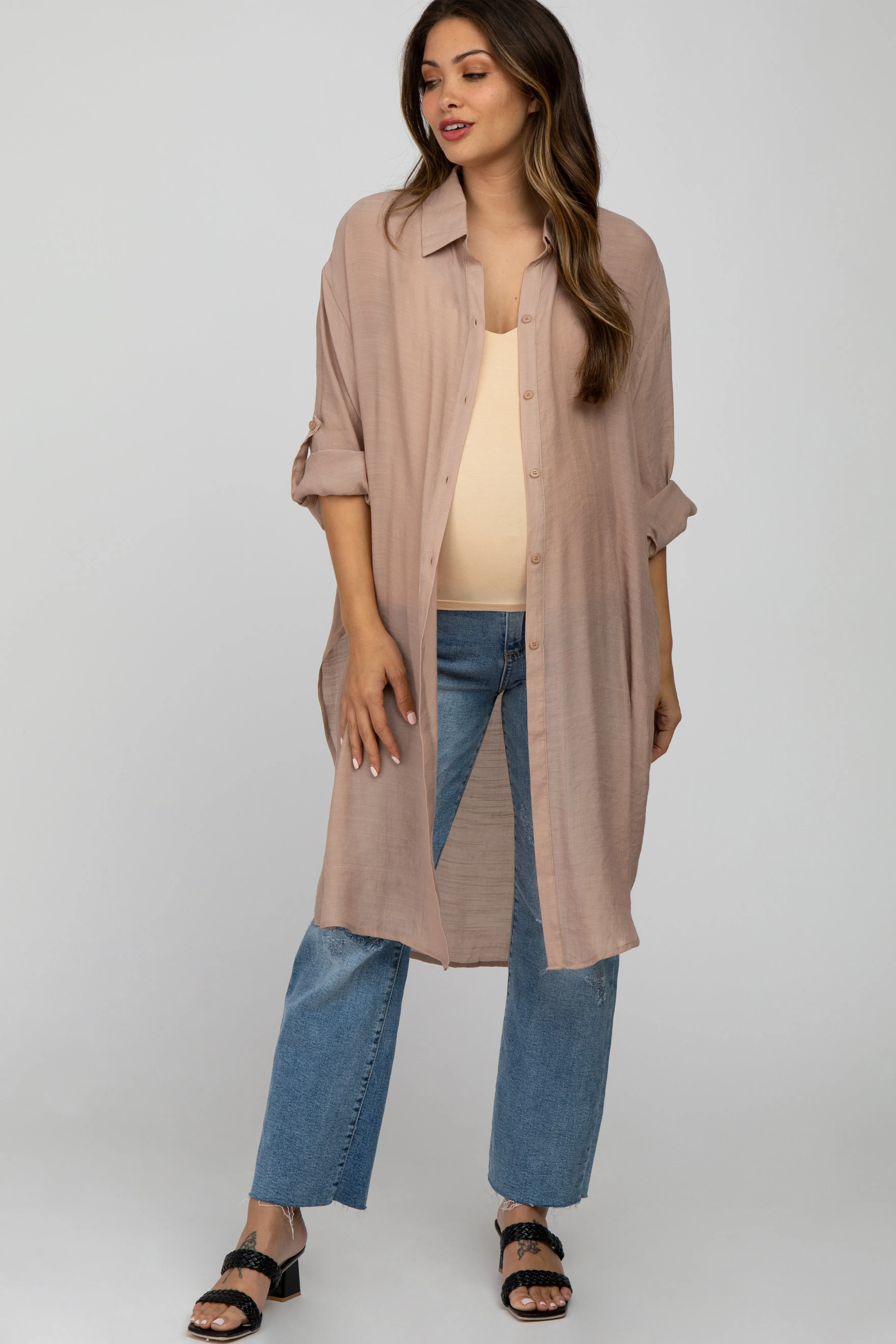 Taupe Button Front Side Slit Oversized Maternity Blouse sold by Pinkblush