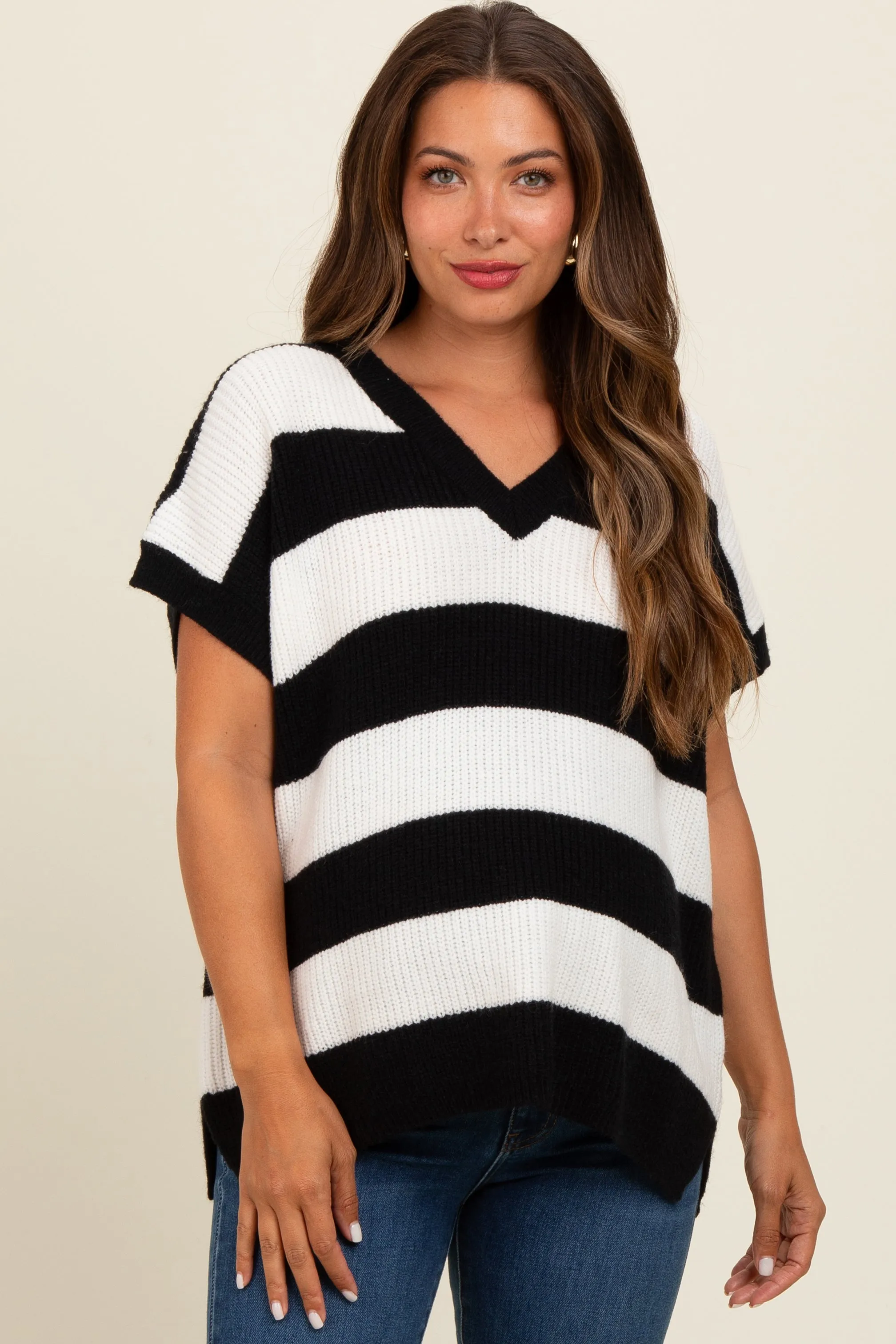 Black Striped V-Neck Maternity Sweater Top sold by Pinkblush