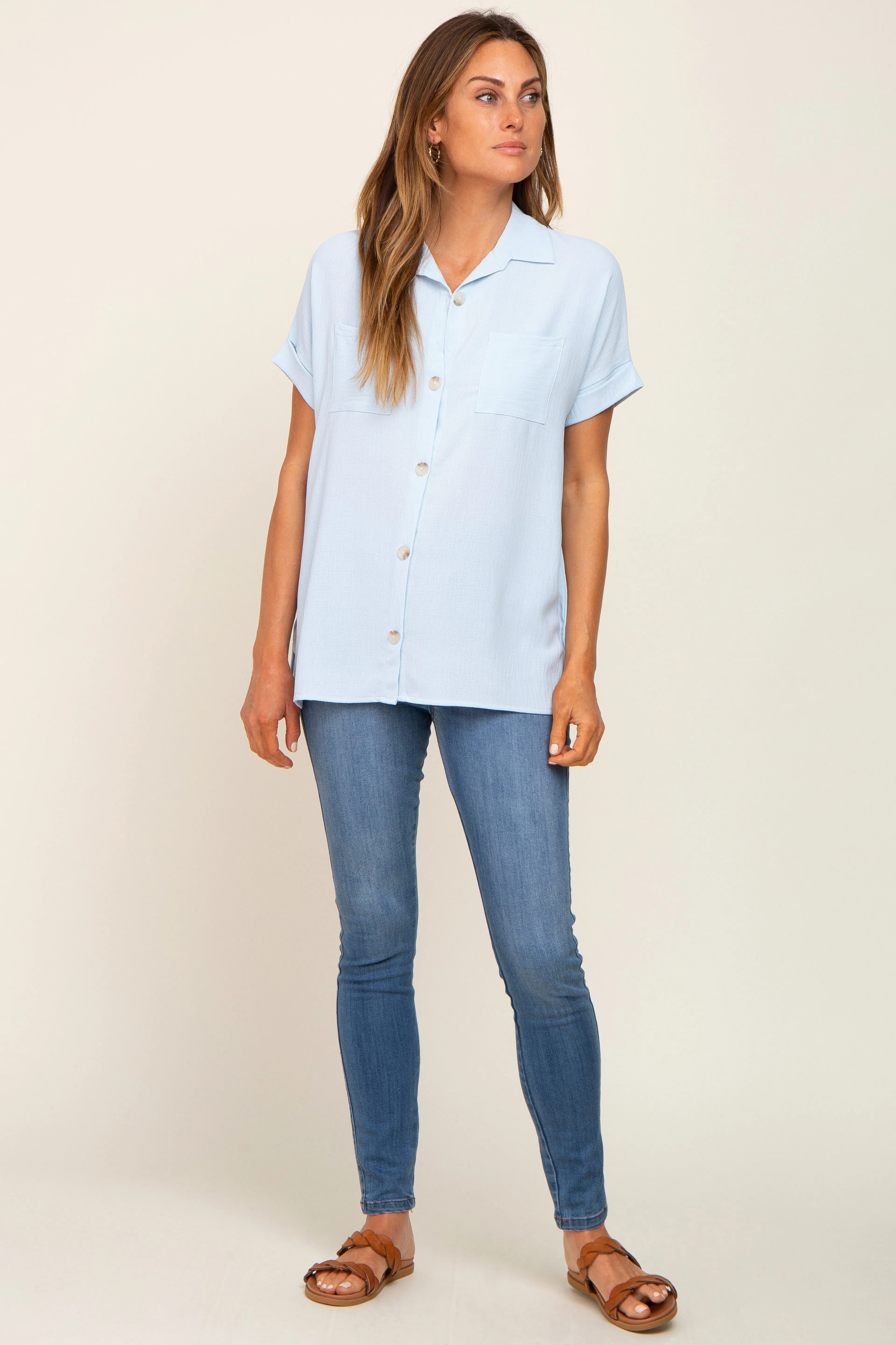 Light Blue Collared Button-Down Short Sleeve Blouse sold by Pinkblush product image thumbnail 4