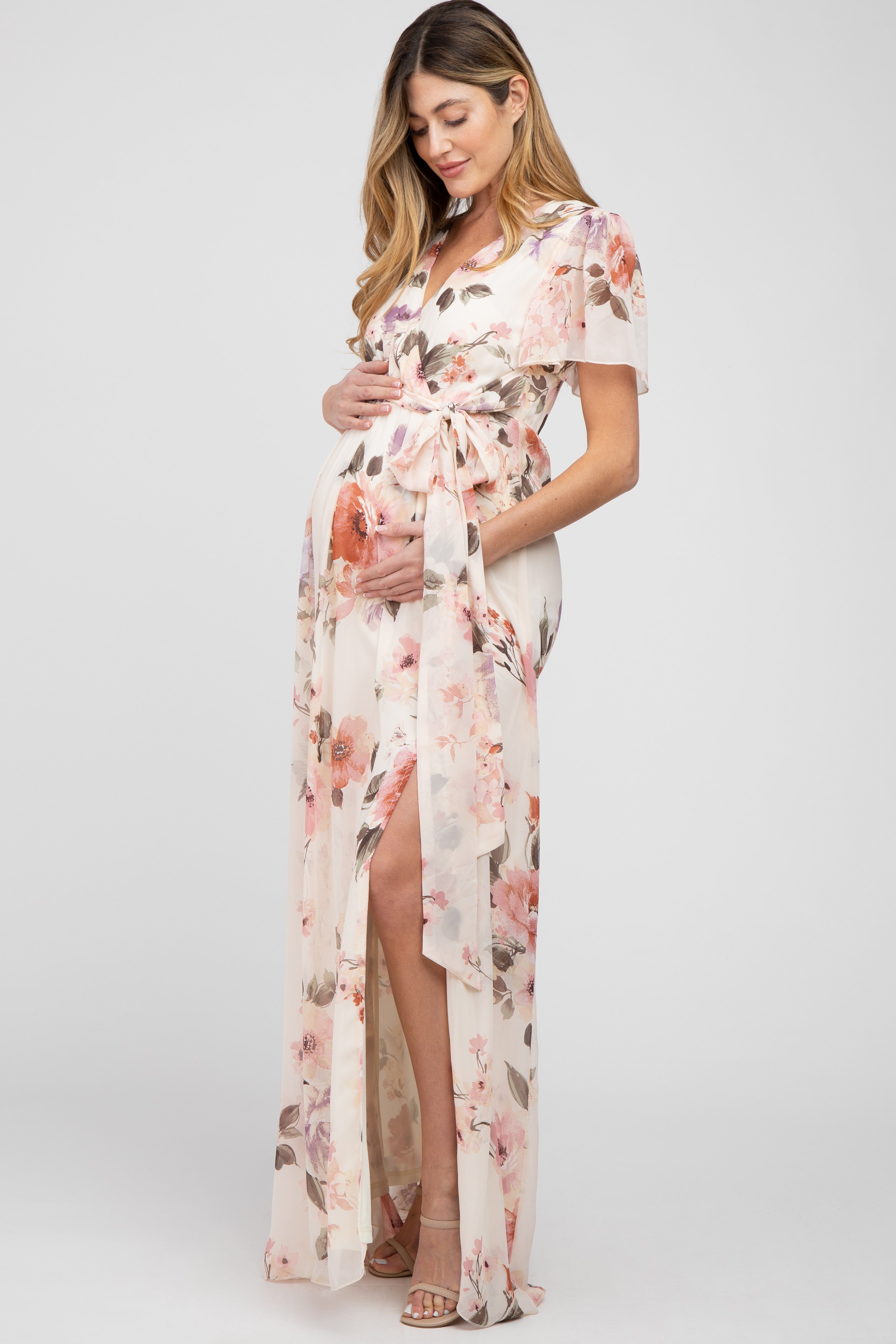 Cream Floral Chiffon Maternity Maxi Dress sold by Pinkblush product image thumbnail 2