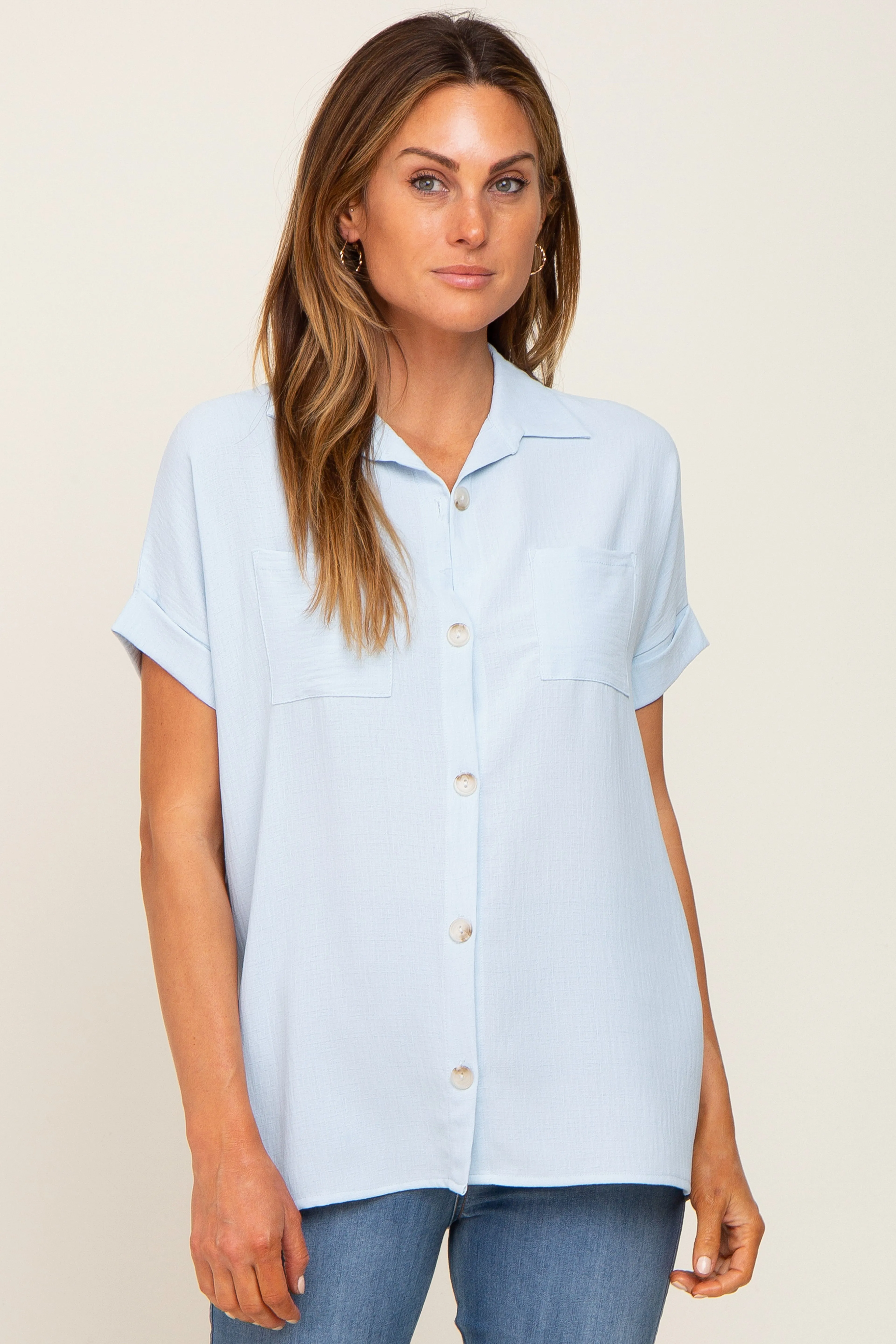 Light Blue Collared Button-Down Short Sleeve Blouse sold by Pinkblush