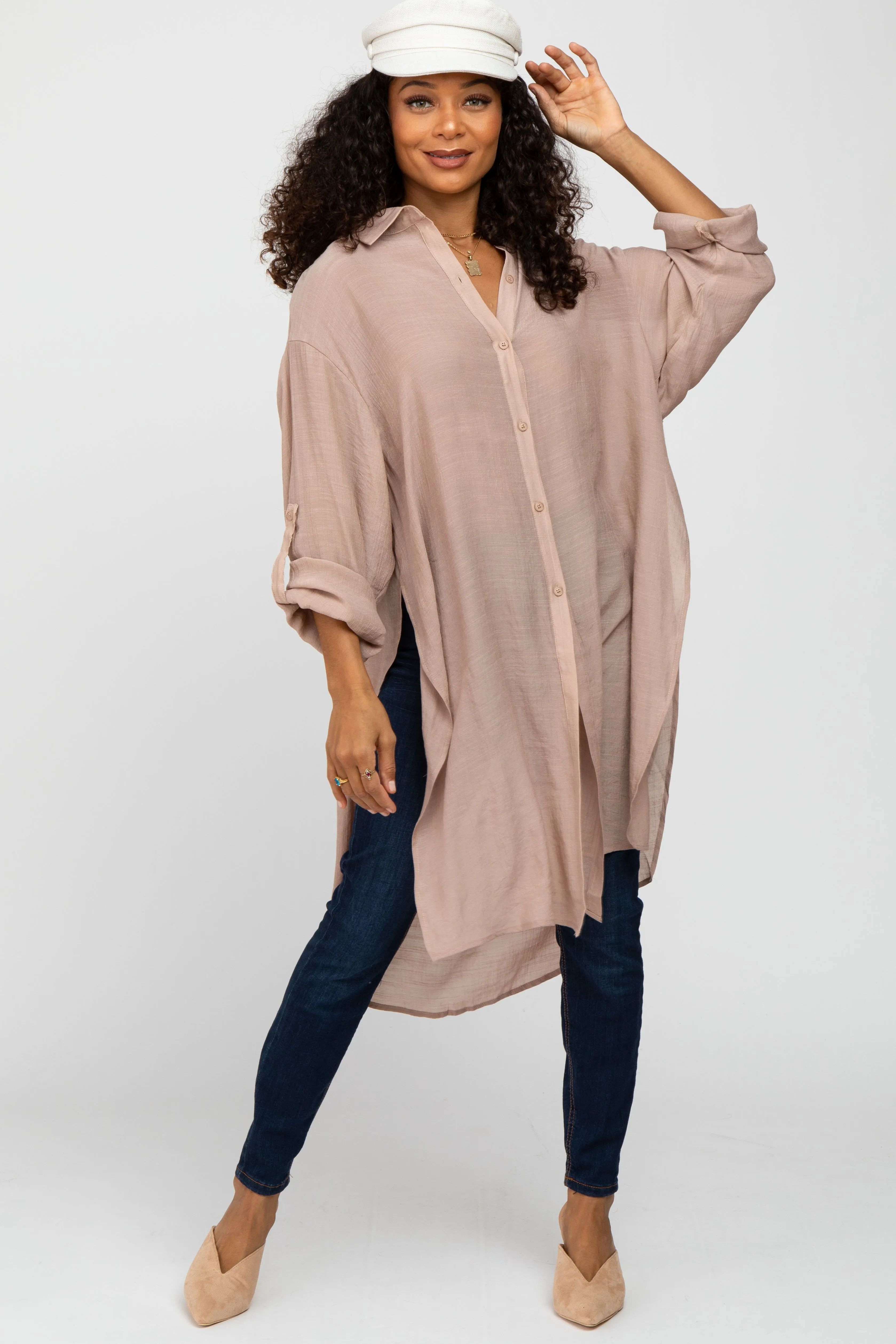 Taupe Button Front Side Slit Oversized Maternity Blouse sold by Pinkblush product image thumbnail 5