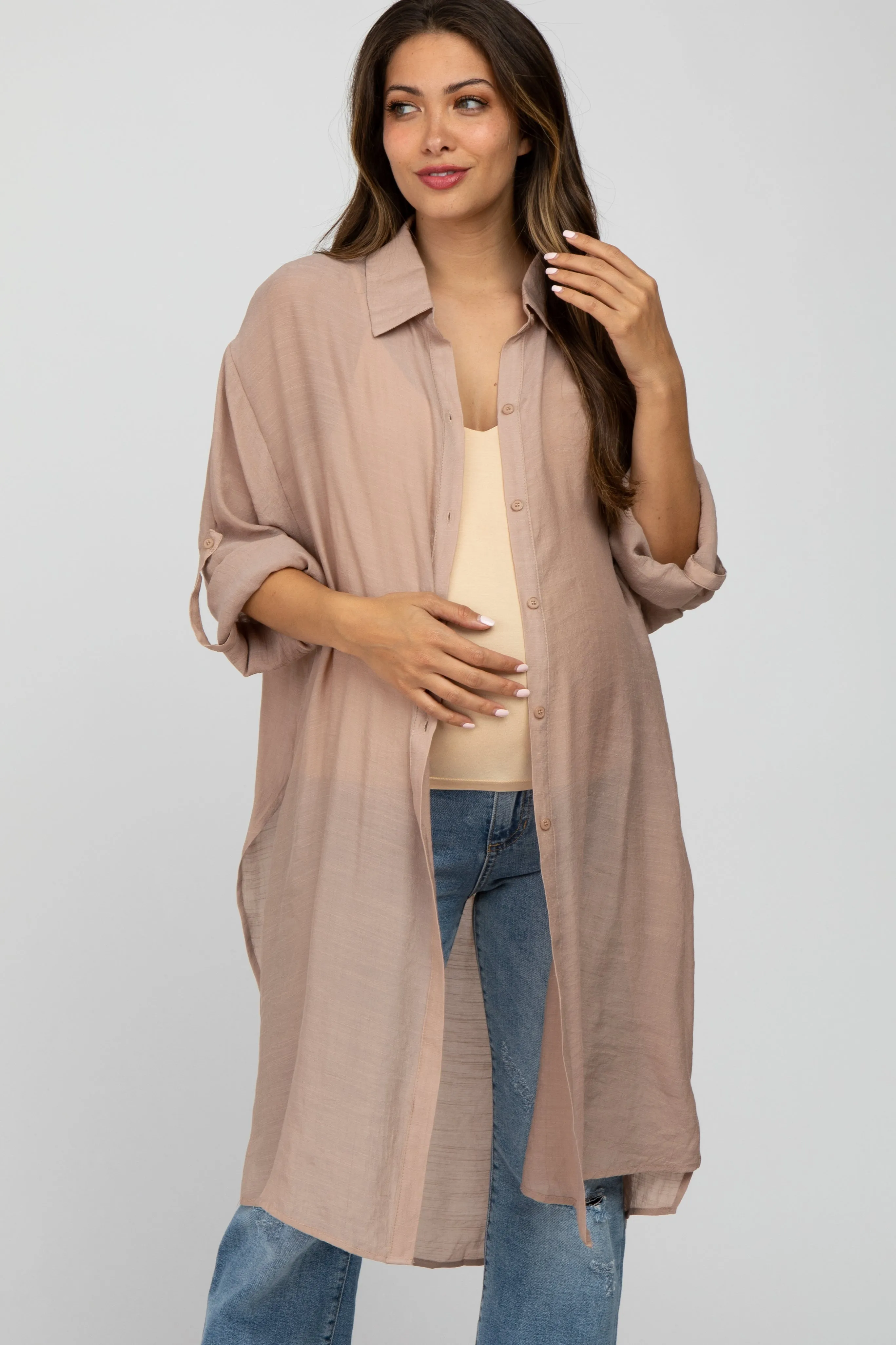Taupe Button Front Side Slit Oversized Maternity Blouse sold by Pinkblush product image thumbnail 2