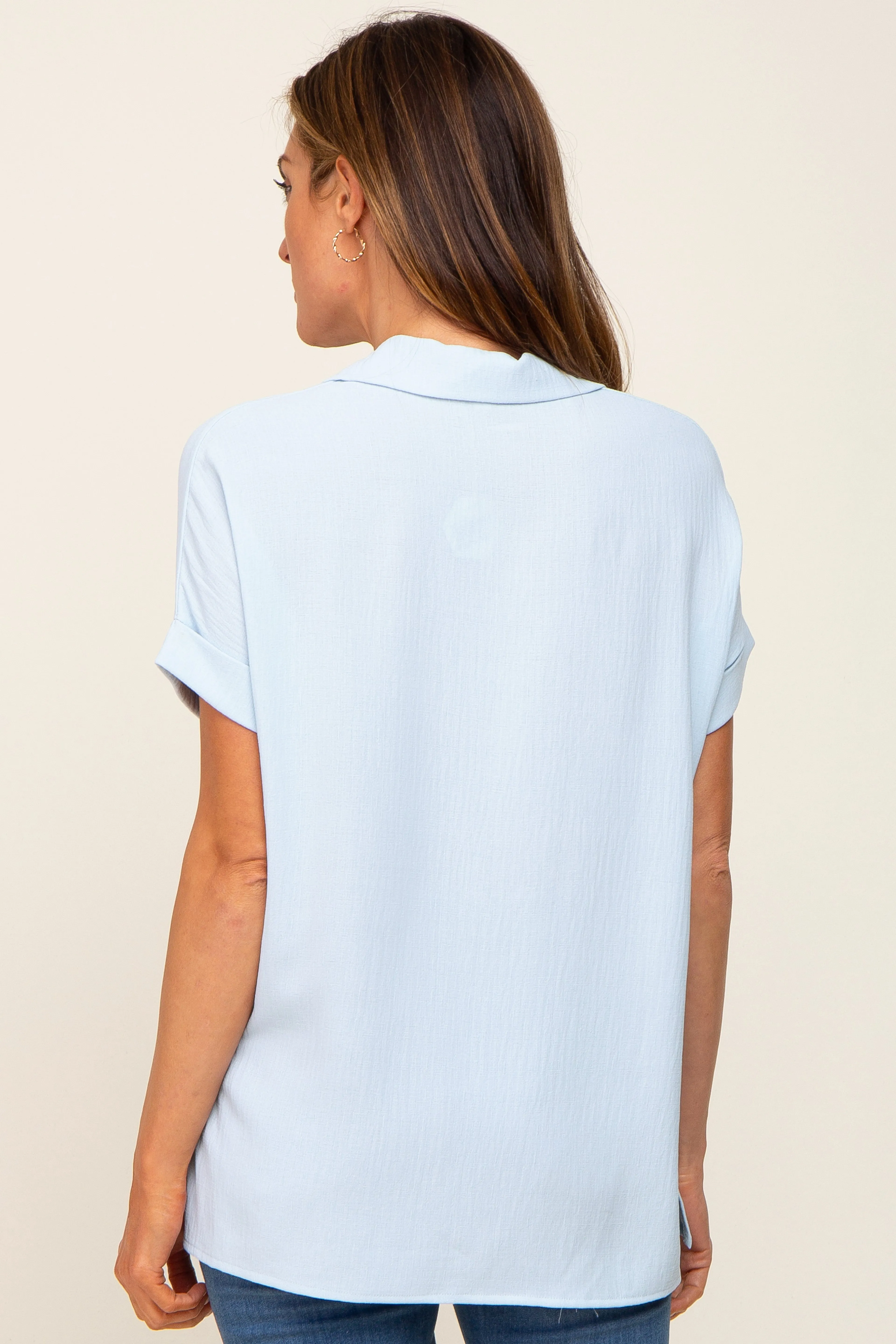 Light Blue Collared Button-Down Short Sleeve Blouse sold by Pinkblush product image thumbnail 3