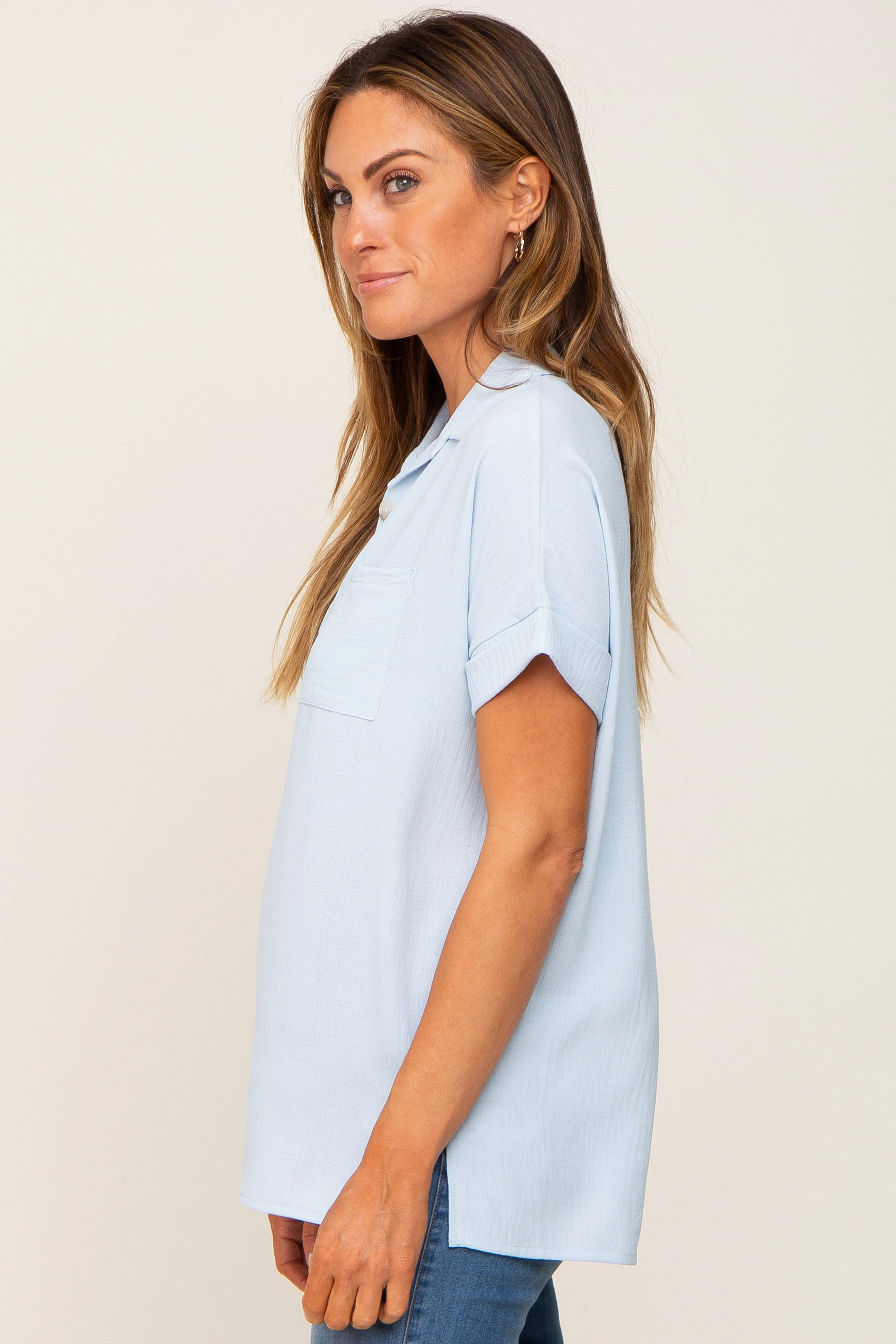 Light Blue Collared Button-Down Short Sleeve Blouse sold by Pinkblush product image thumbnail 2