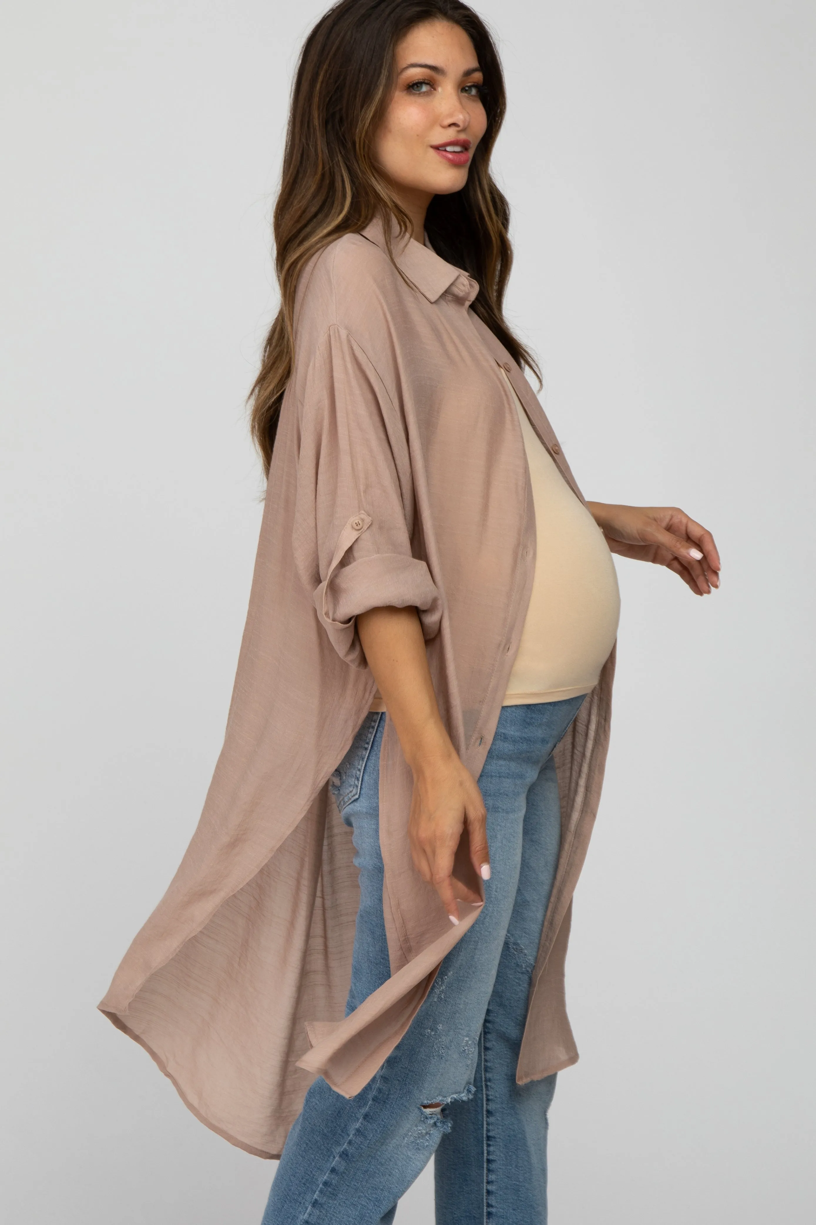 Taupe Button Front Side Slit Oversized Maternity Blouse sold by Pinkblush product image thumbnail 3