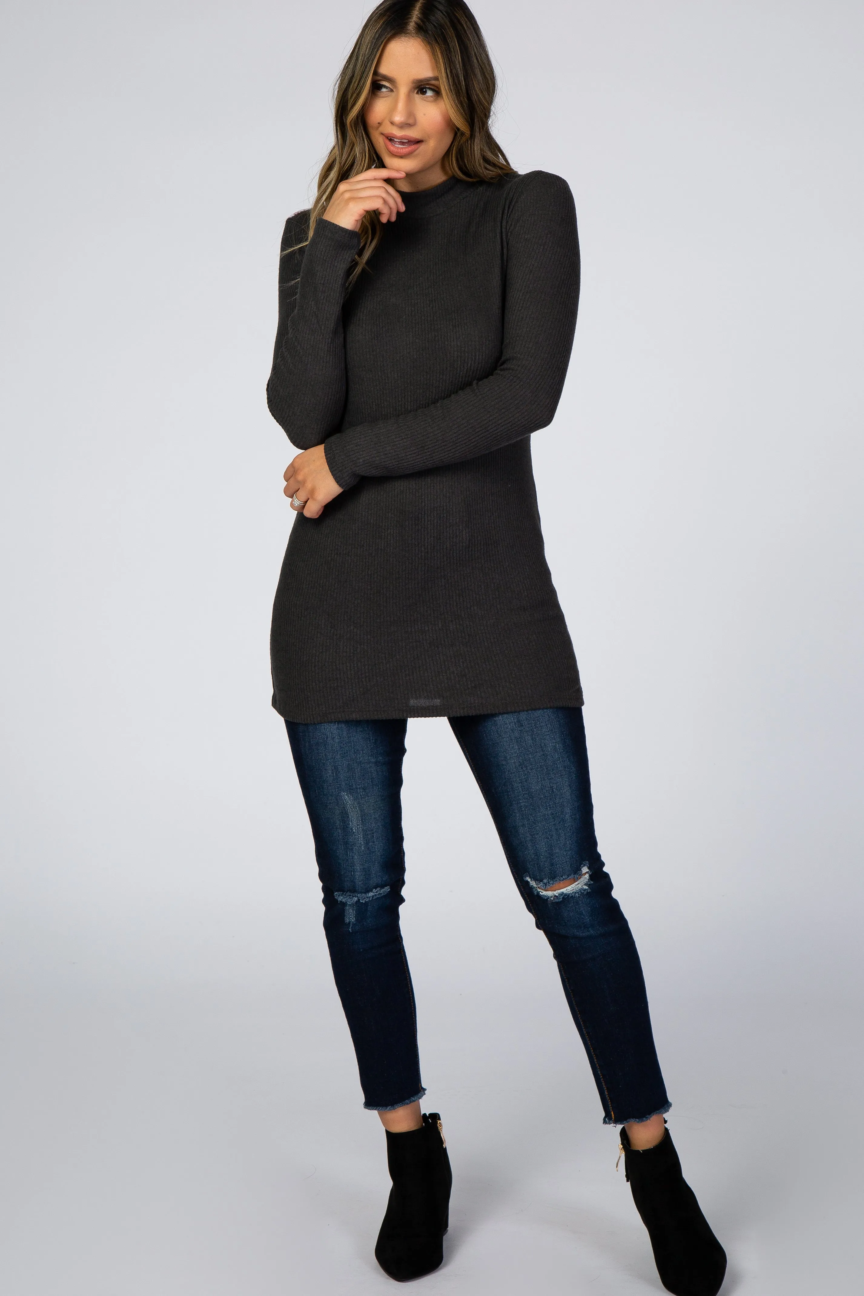 Charcoal Ribbed Long Sleeve Mock Neck Top sold by Pinkblush product image thumbnail 4
