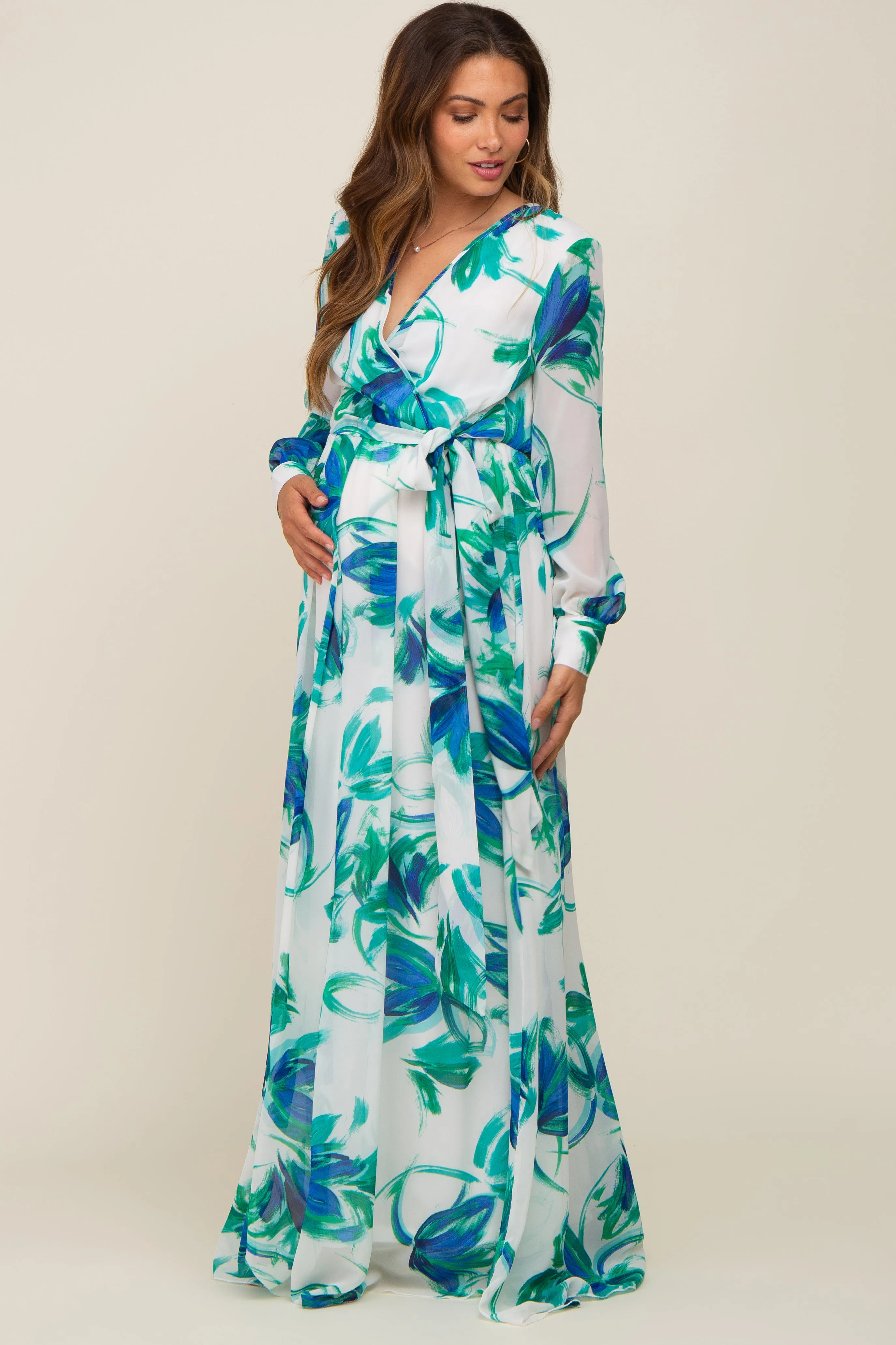 Blue Brush Stroke Print Chiffon Maternity Maxi Dress sold by Pinkblush product image thumbnail 2