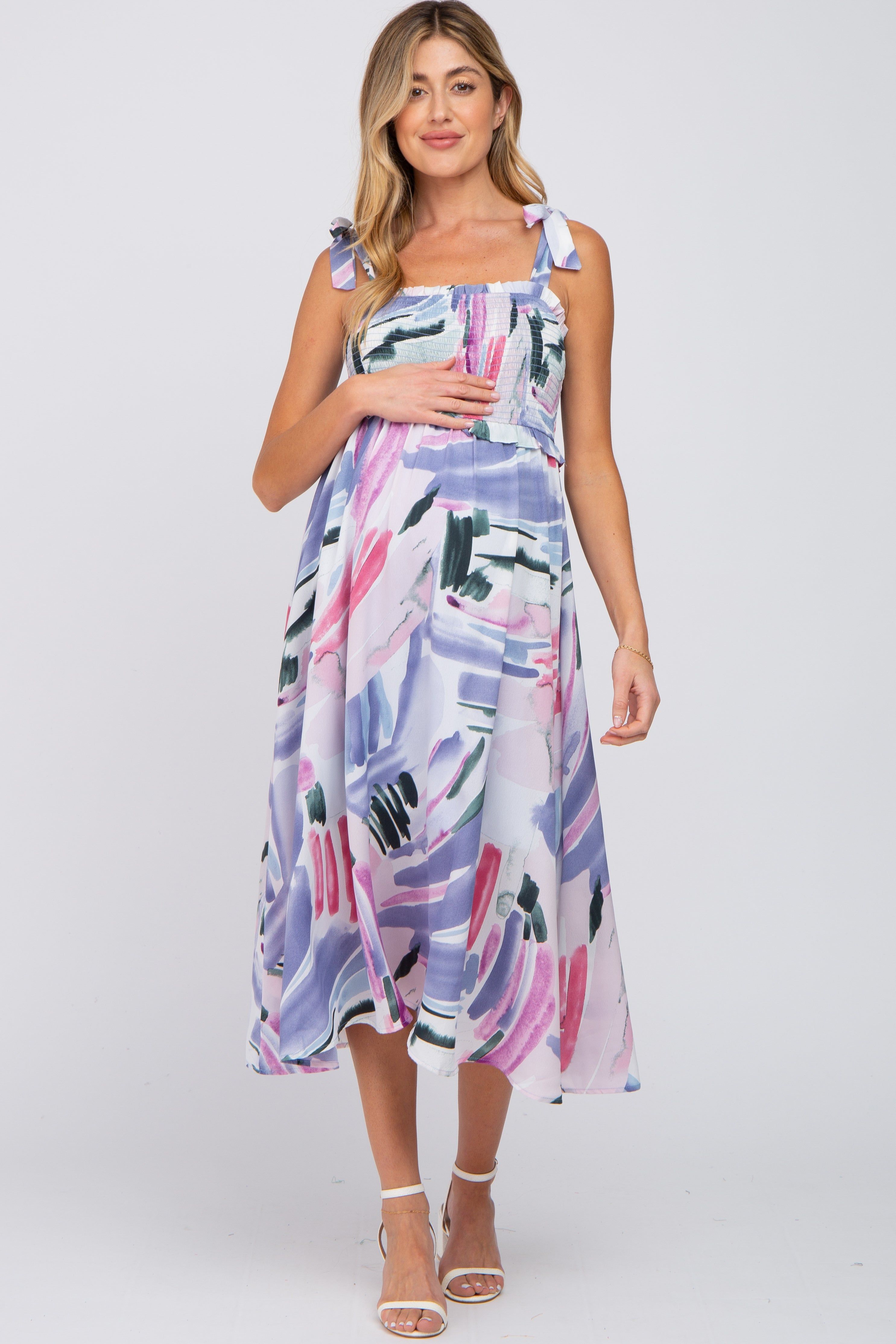 Lavender Multi-Colored Stroke Print Smocked Maternity Midi Dress sold by Pinkblush product image thumbnail 4