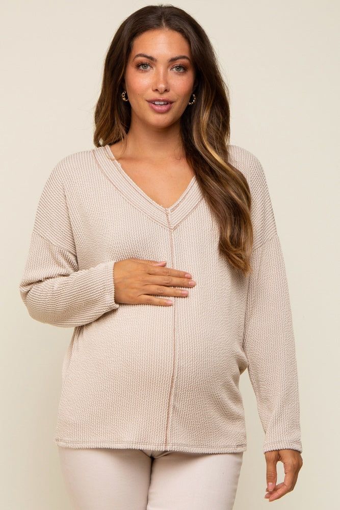 Taupe Ribbed V-Neck Long Sleeve Maternity Top sold by Pinkblush
