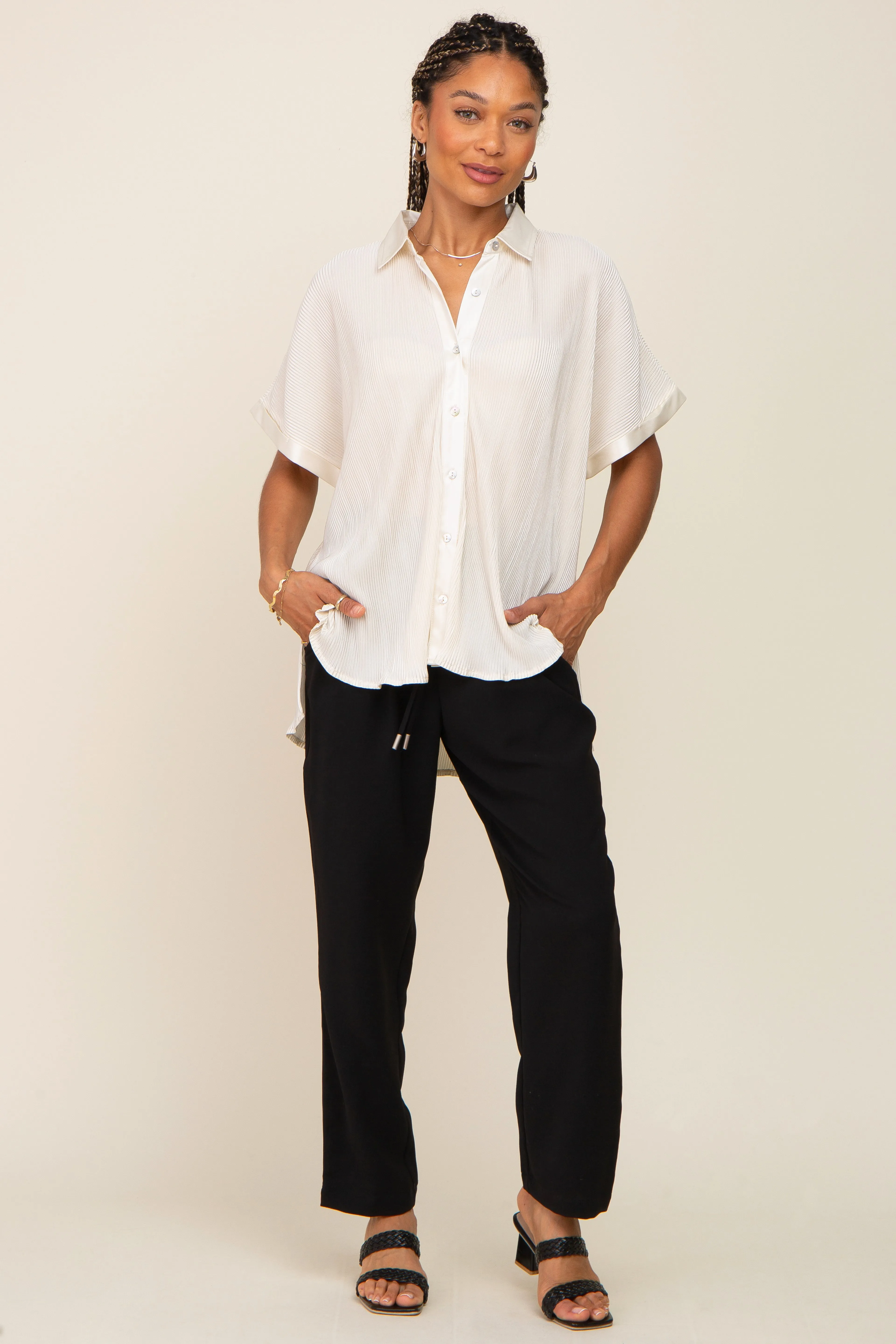 Cream Pleated Satin Button Up Top sold by Pinkblush product image thumbnail 4