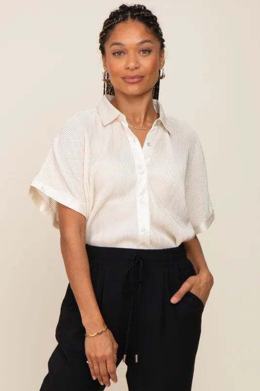 Cream Pleated Satin Button Up Top sold by Pinkblush