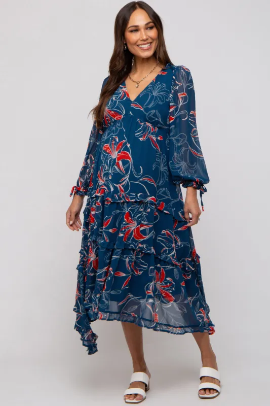 Dark Teal Floral Chiffon Ruffle Tiered Maternity Midi Dress sold by Pinkblush