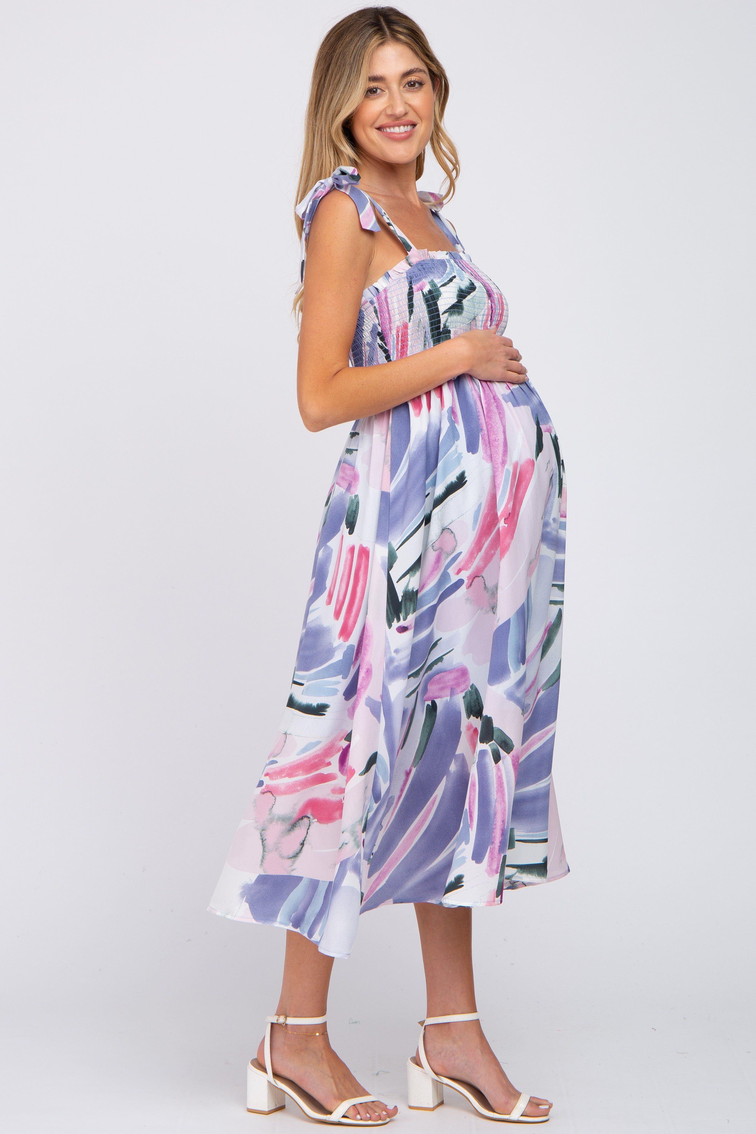 Lavender Multi-Colored Stroke Print Smocked Maternity Midi Dress sold by Pinkblush product image thumbnail 2