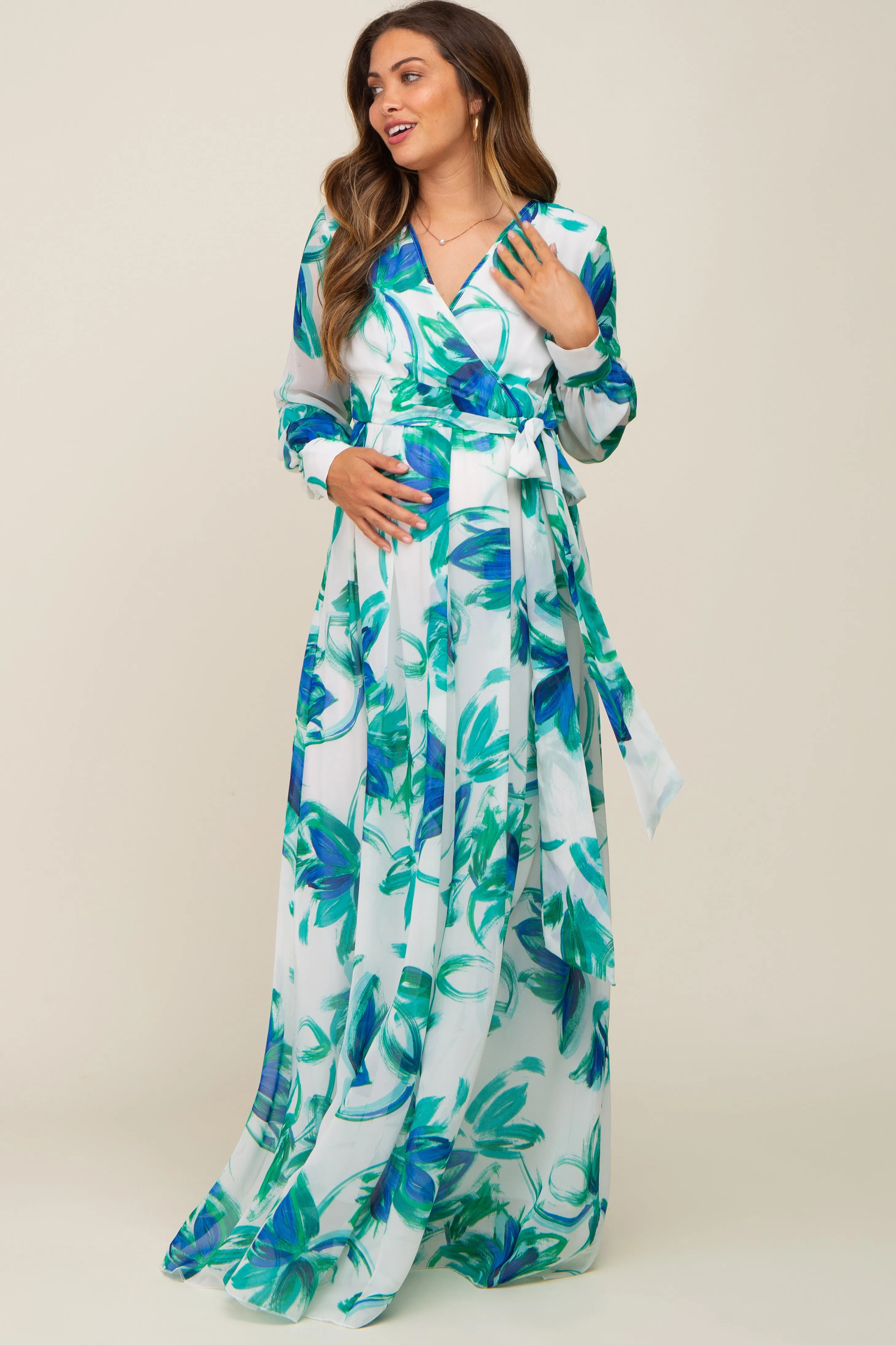 Blue Brush Stroke Print Chiffon Maternity Maxi Dress sold by Pinkblush
