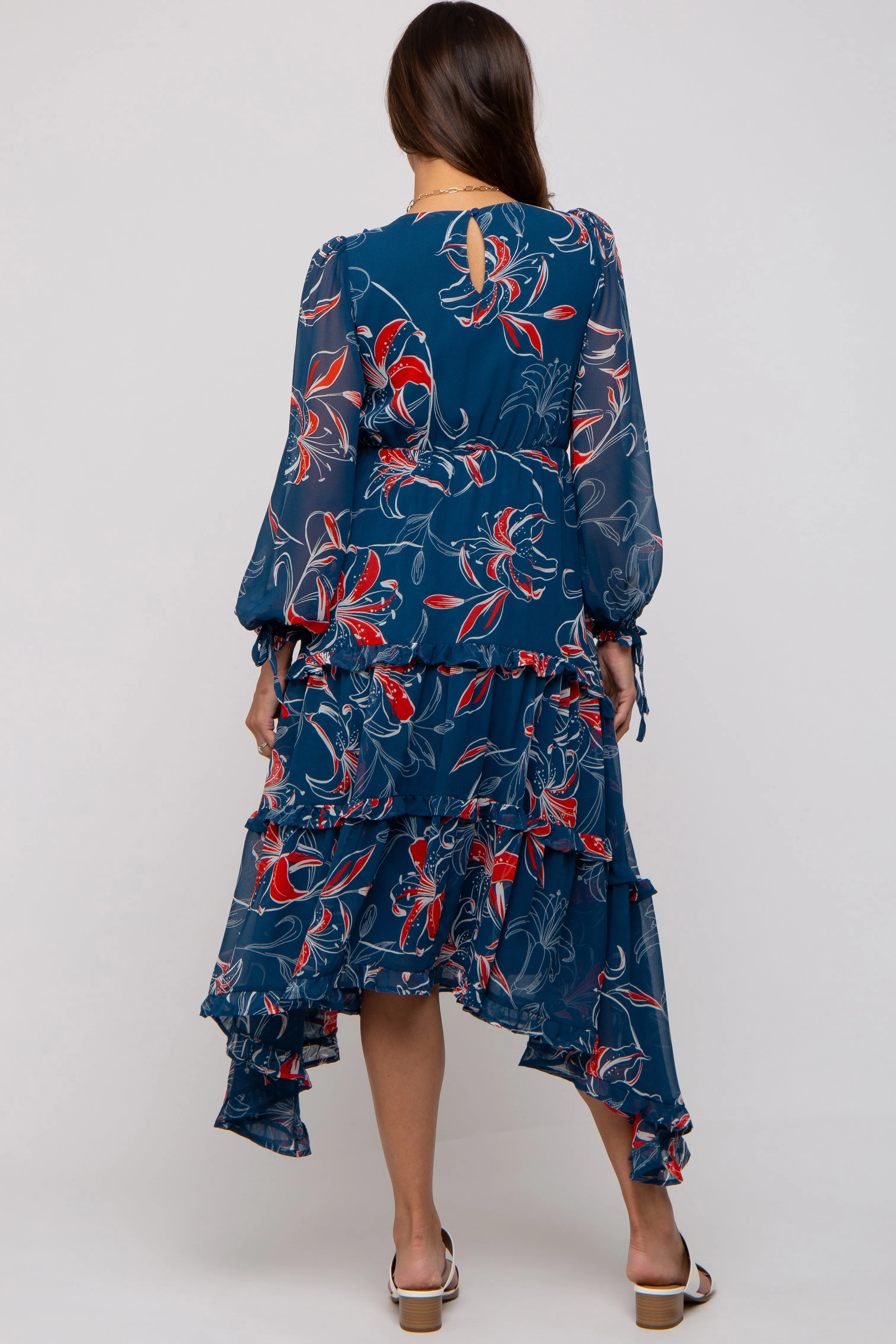 Dark Teal Floral Chiffon Ruffle Tiered Maternity Midi Dress sold by Pinkblush product image thumbnail 2