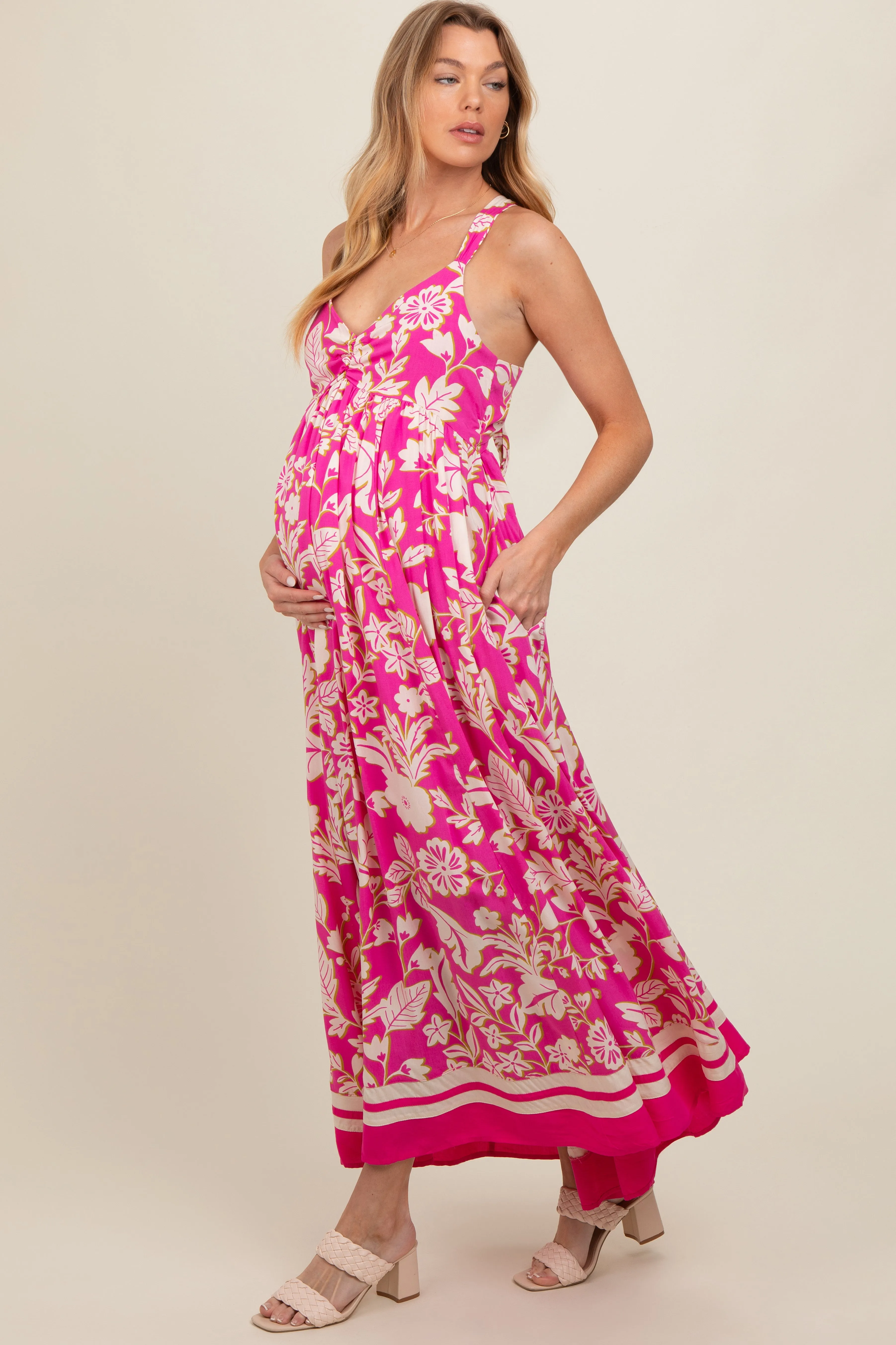 Fuchsia Floral Cutout Back Tie Maternity Maxi Dress sold by Pinkblush product image thumbnail 2