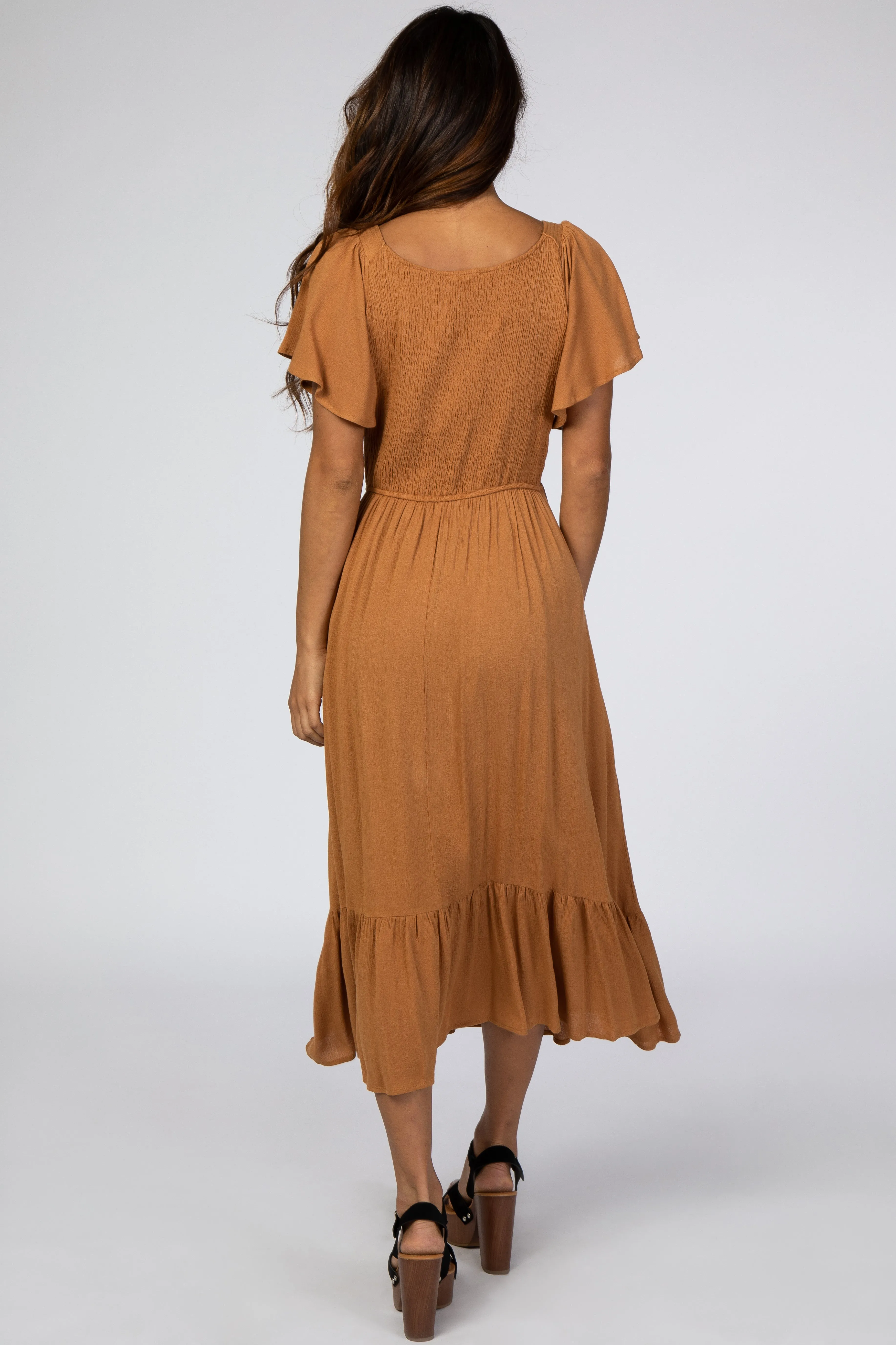 Camel Smocked V-Neck Midi Dress sold by Pinkblush product image thumbnail 3
