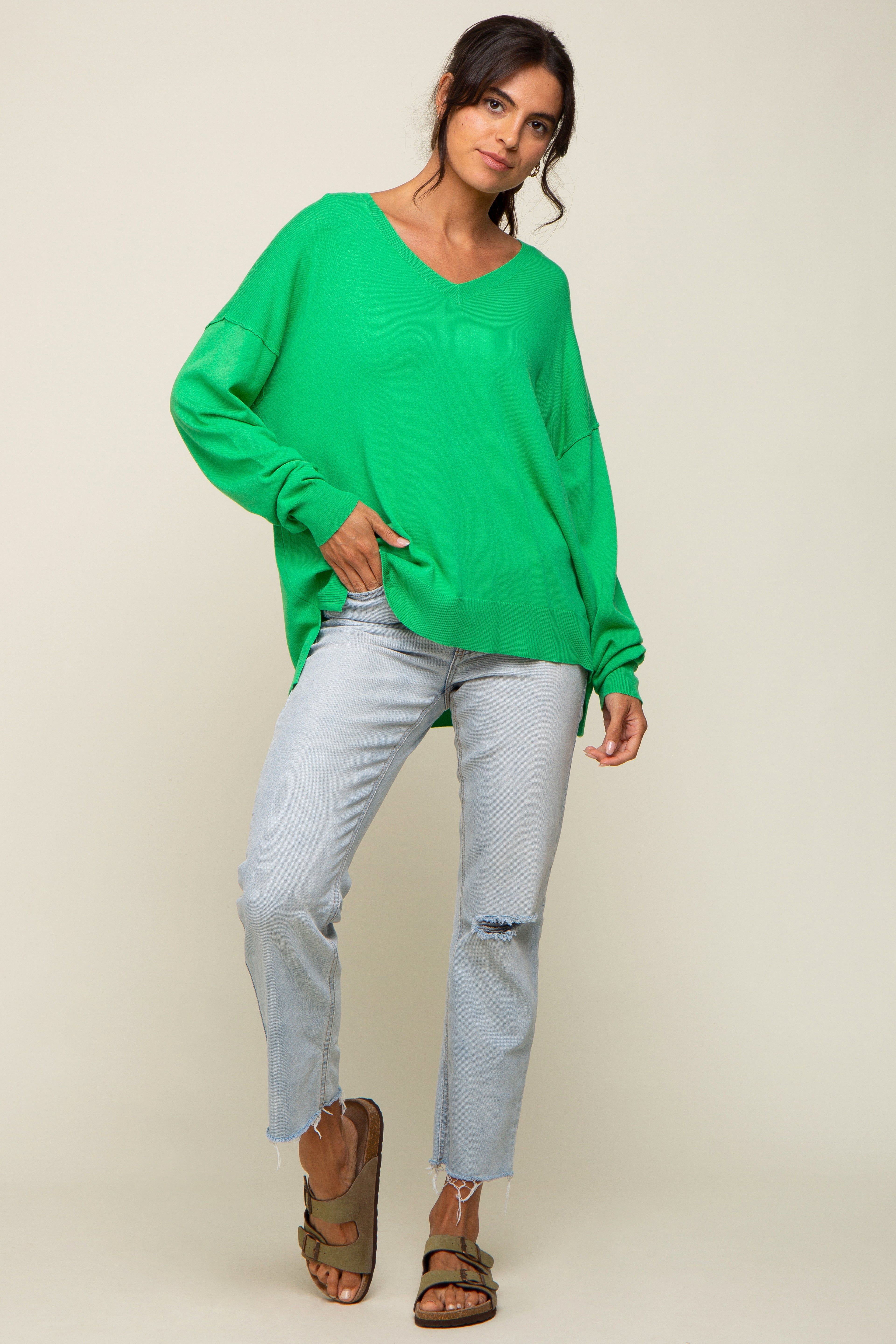 Green Knit V-Neck Long Sleeve Top sold by Pinkblush product image thumbnail 4