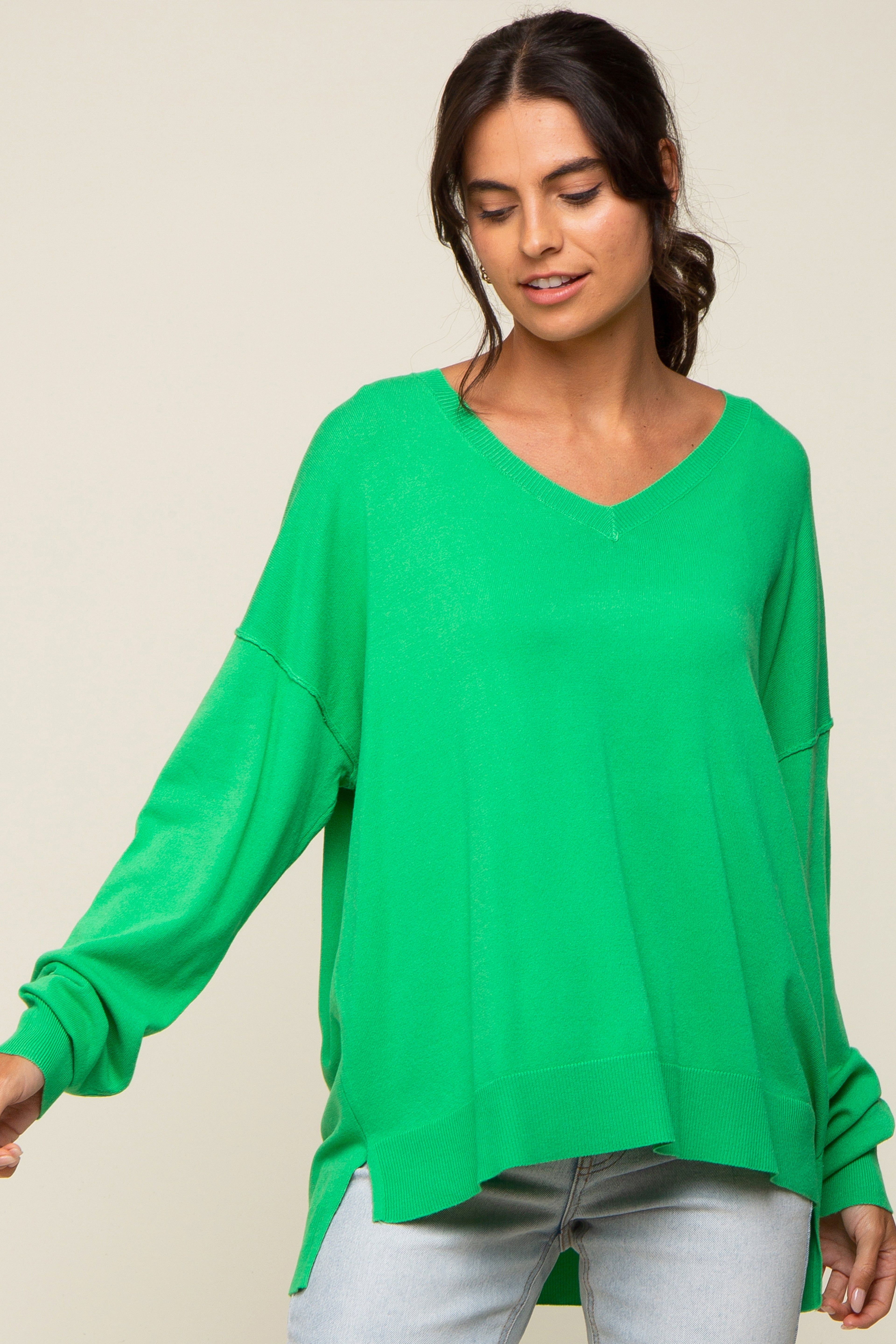 Green Knit V-Neck Long Sleeve Top sold by Pinkblush